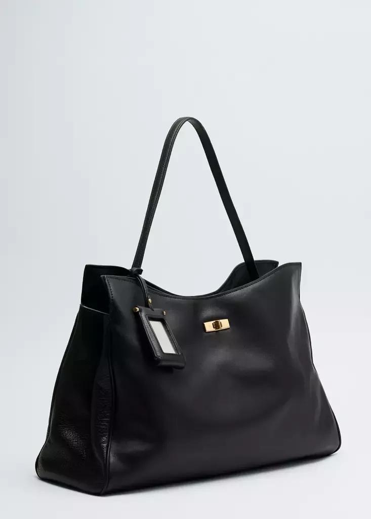 Black Leather Shopper Bag With Charm And Mirror, Black, large image number 2