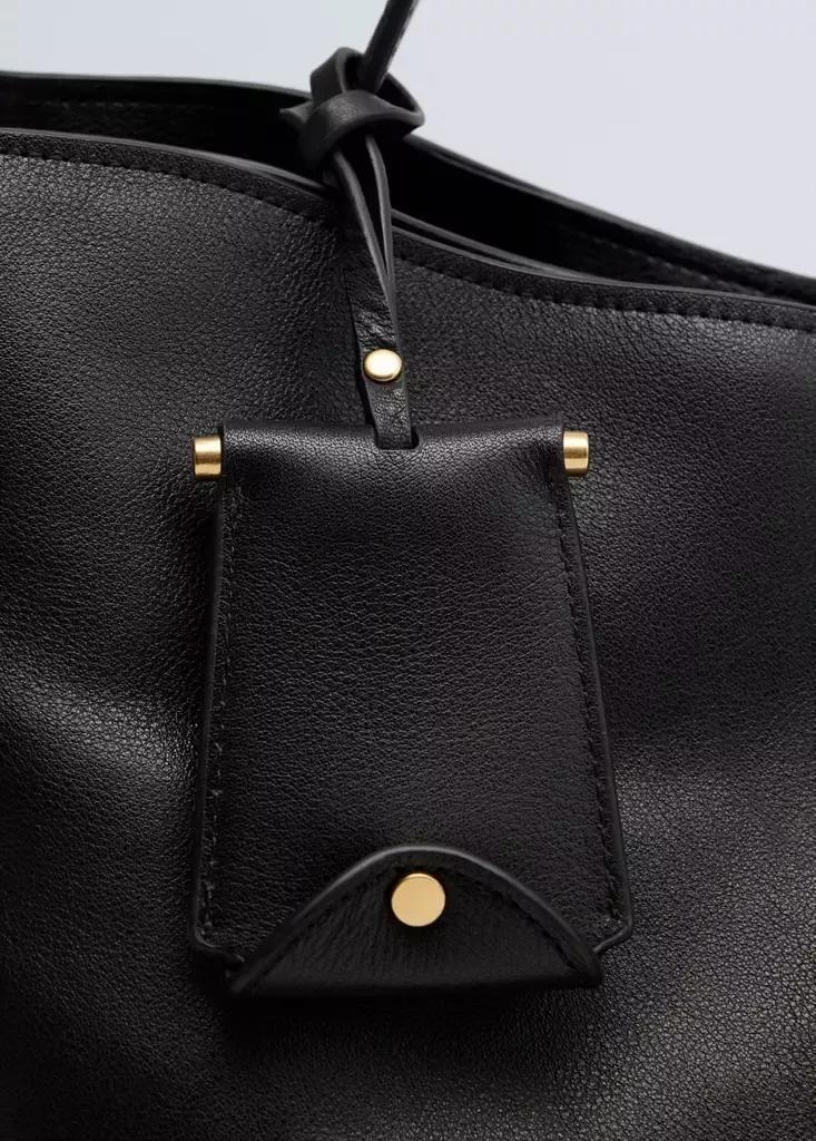 Black Leather Shopper Bag With Charm And Mirror, Black, large image number 3