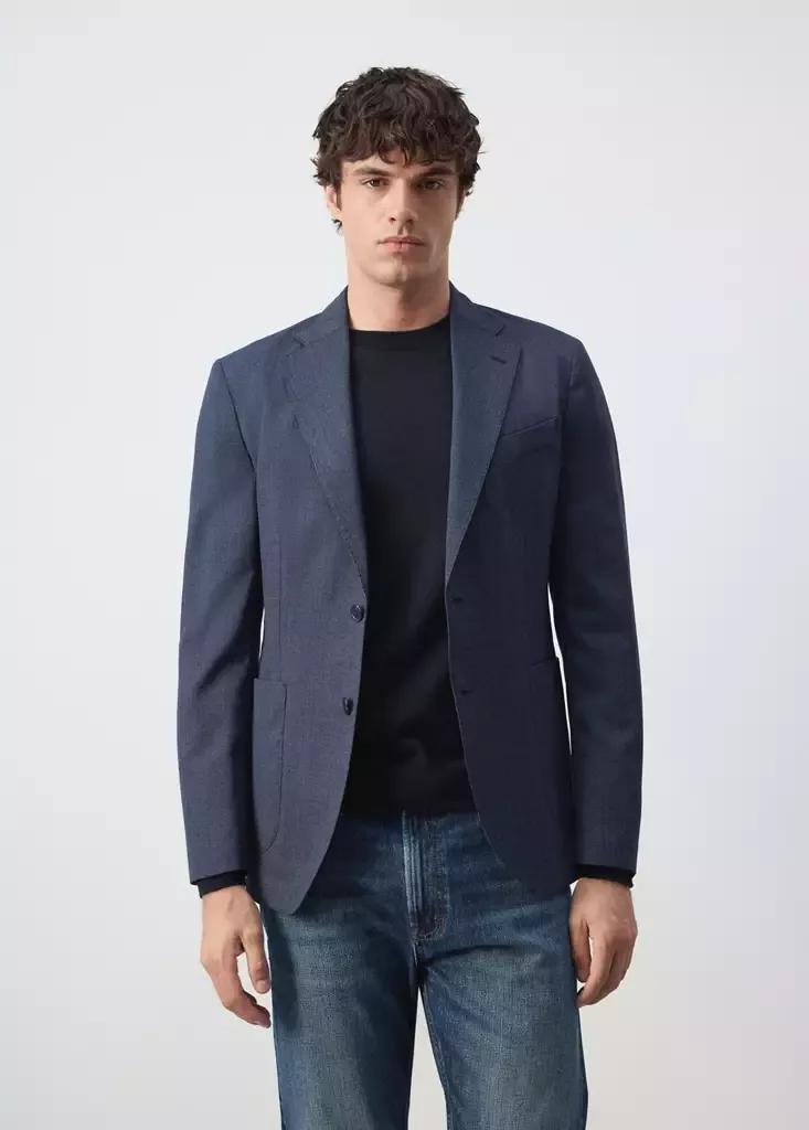 Navy Slim Fit Wool Blend Blazer, Navy, large image number 1