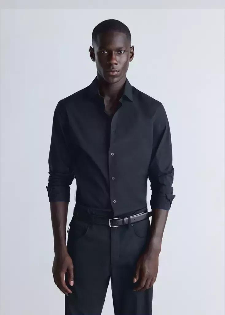 Blue Comfort Stretch Non-Iron Cotton Shirt, Navy, large image number 1