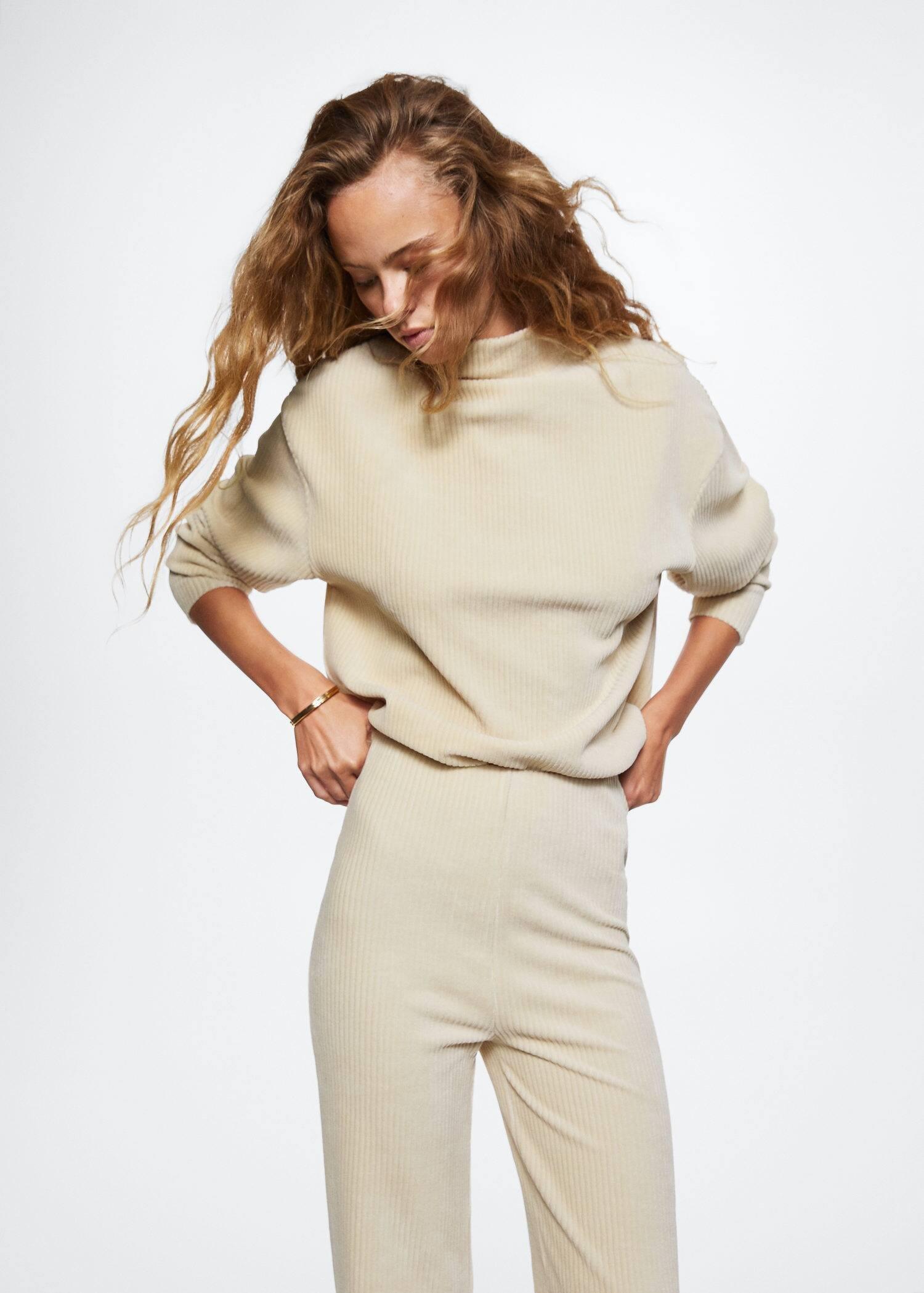 Beige Corduroy Trousers With Elastic Waist, , large image number 6