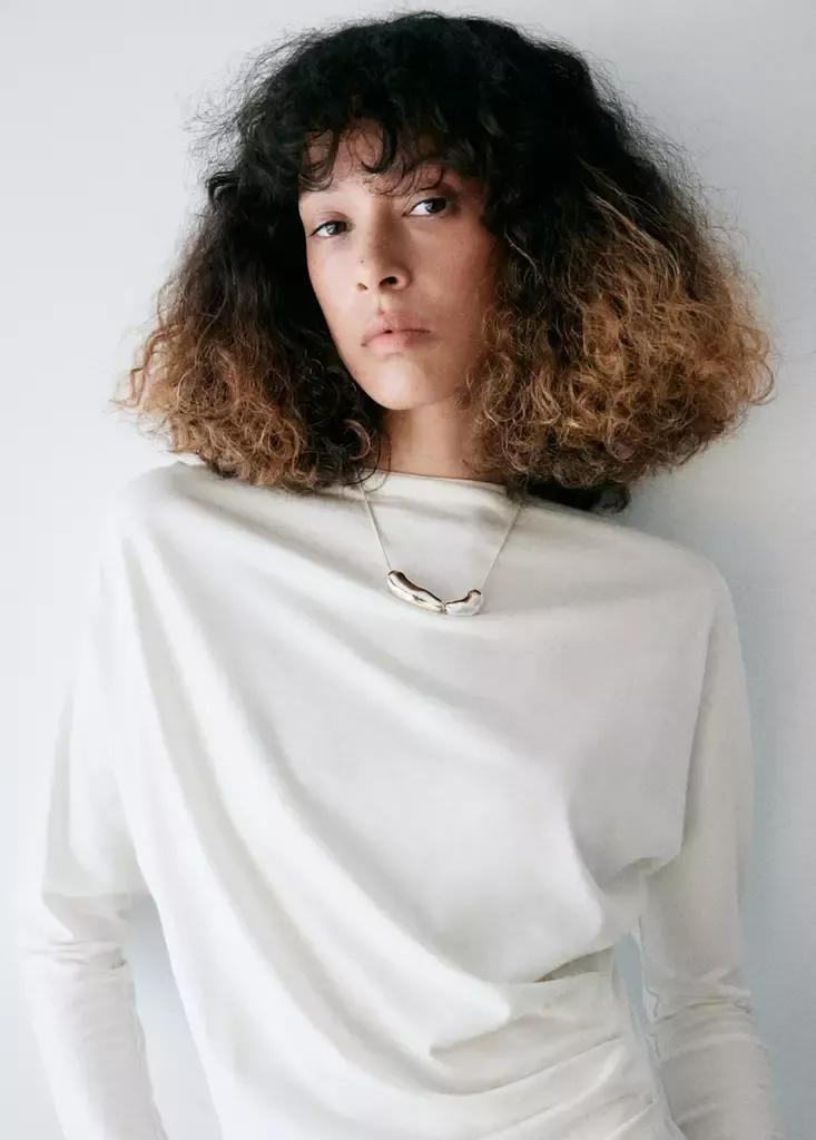 Cream Boat Neck T-Shirt With Draped Detail, Natural White, medium