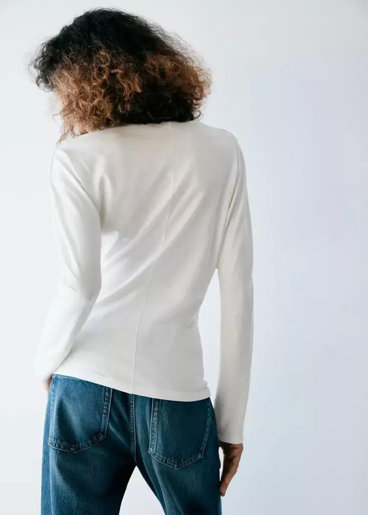 Cream Boat Neck T-Shirt With Draped Detail, Natural White, medium