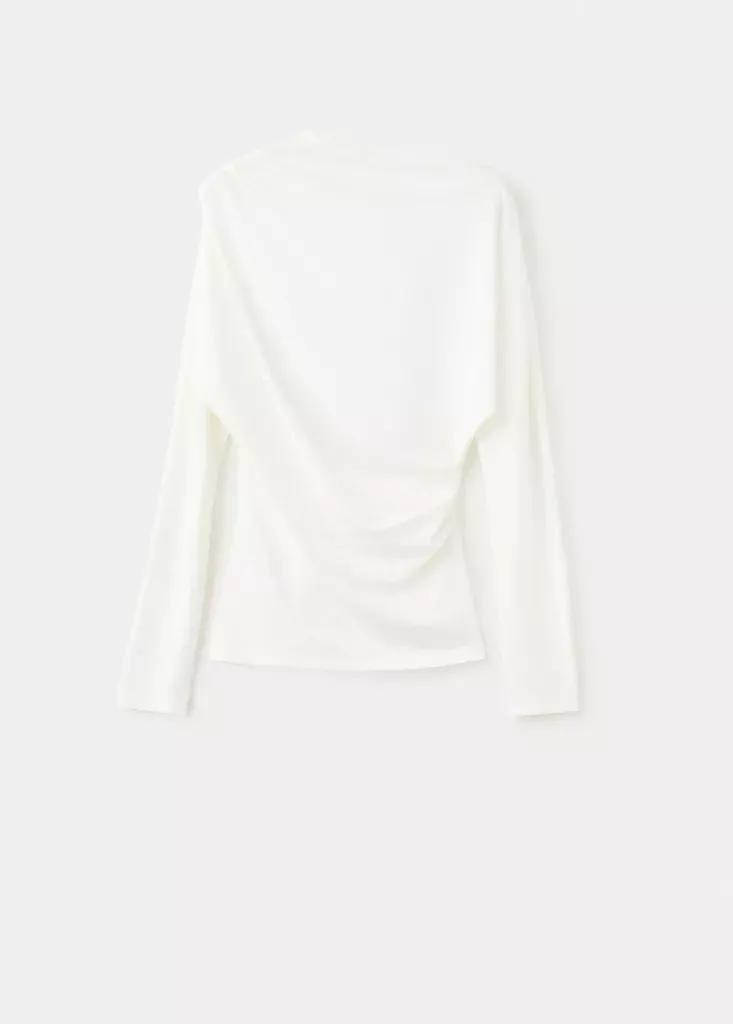 Cream Boat Neck T-Shirt With Draped Detail, Natural White, large image number 3