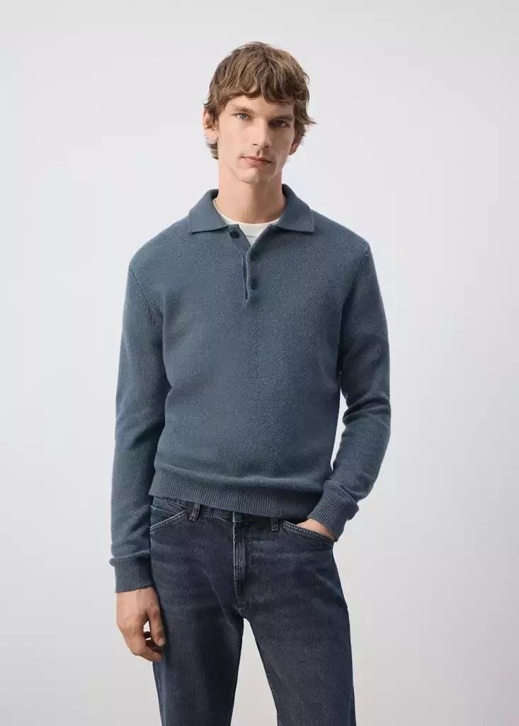 Blue Wool And Cashmere Blend Polo Jumper, Medium Blue, medium