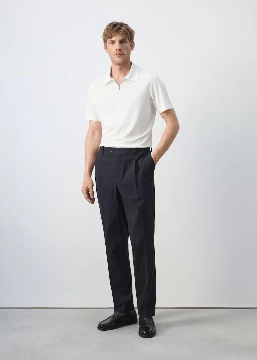 Blue Slim Fit Cotton Lyocell Seersucker Trousers, Navy, large image number 0