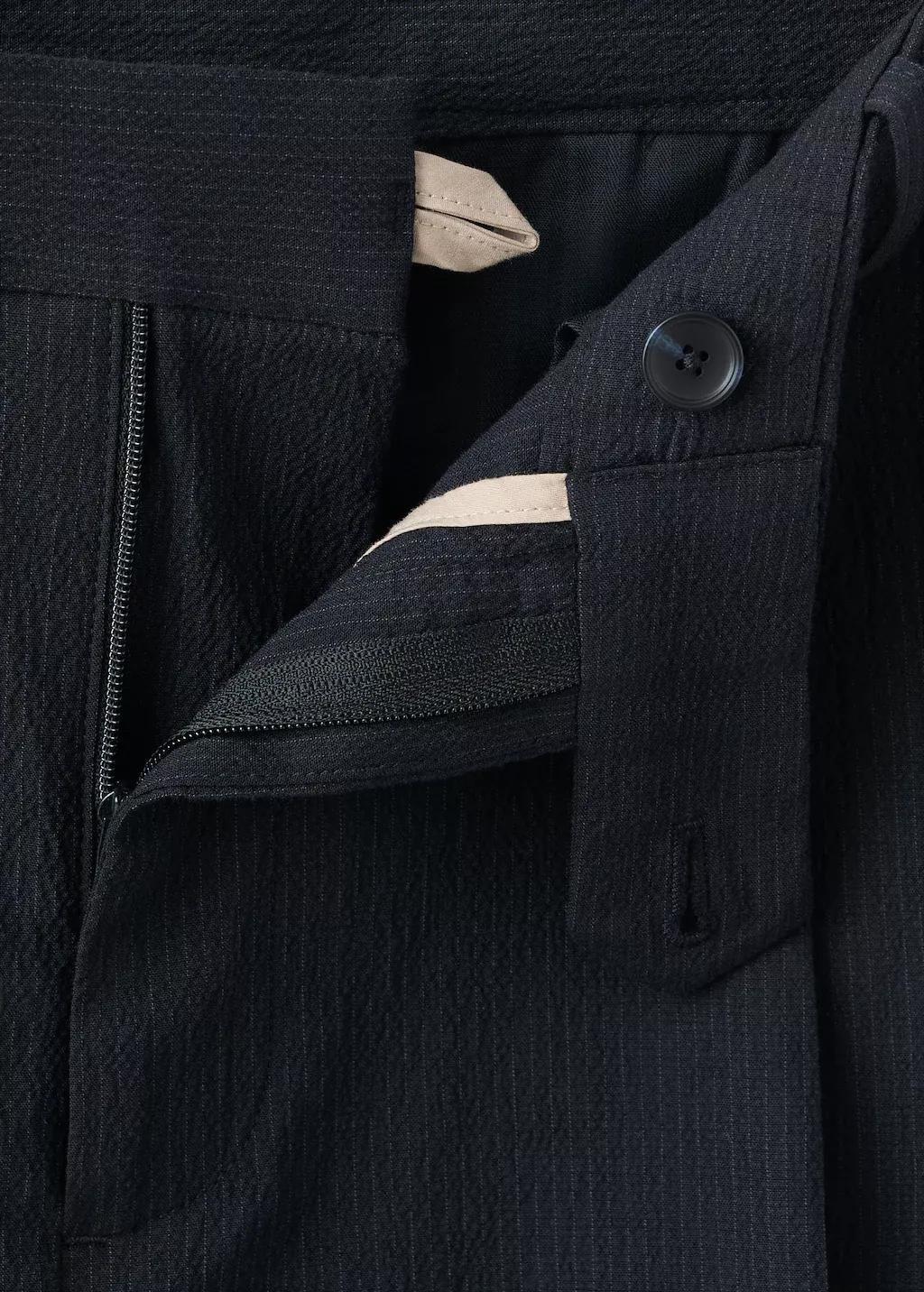 Blue Slim Fit Cotton Lyocell Seersucker Trousers, Navy, medium