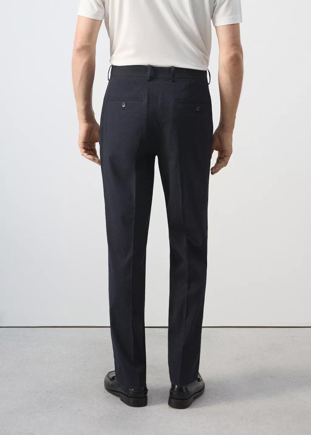 Blue Slim Fit Cotton Lyocell Seersucker Trousers, Navy, large image number 2