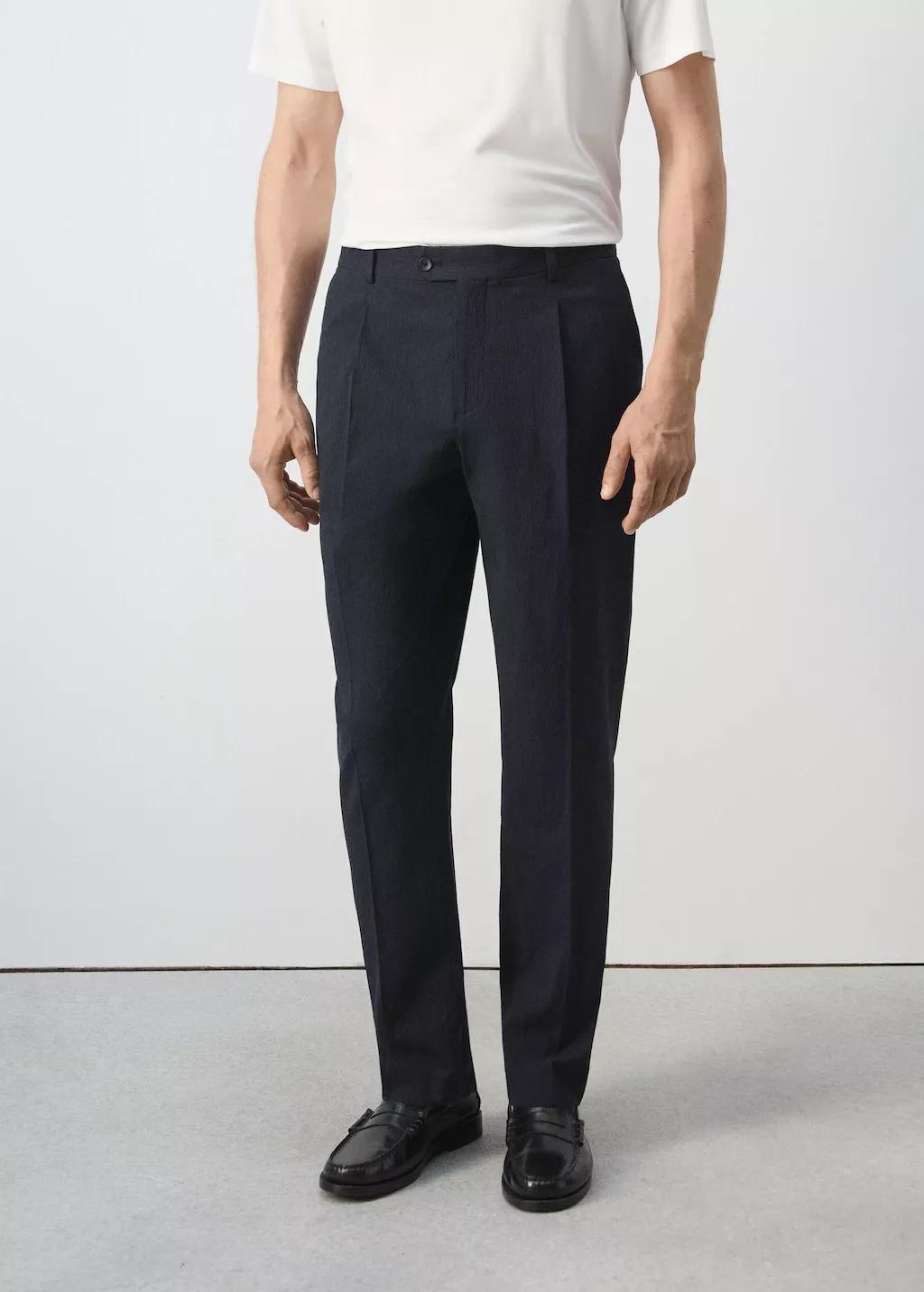 Blue Slim Fit Cotton Lyocell Seersucker Trousers, Navy, large image number 3