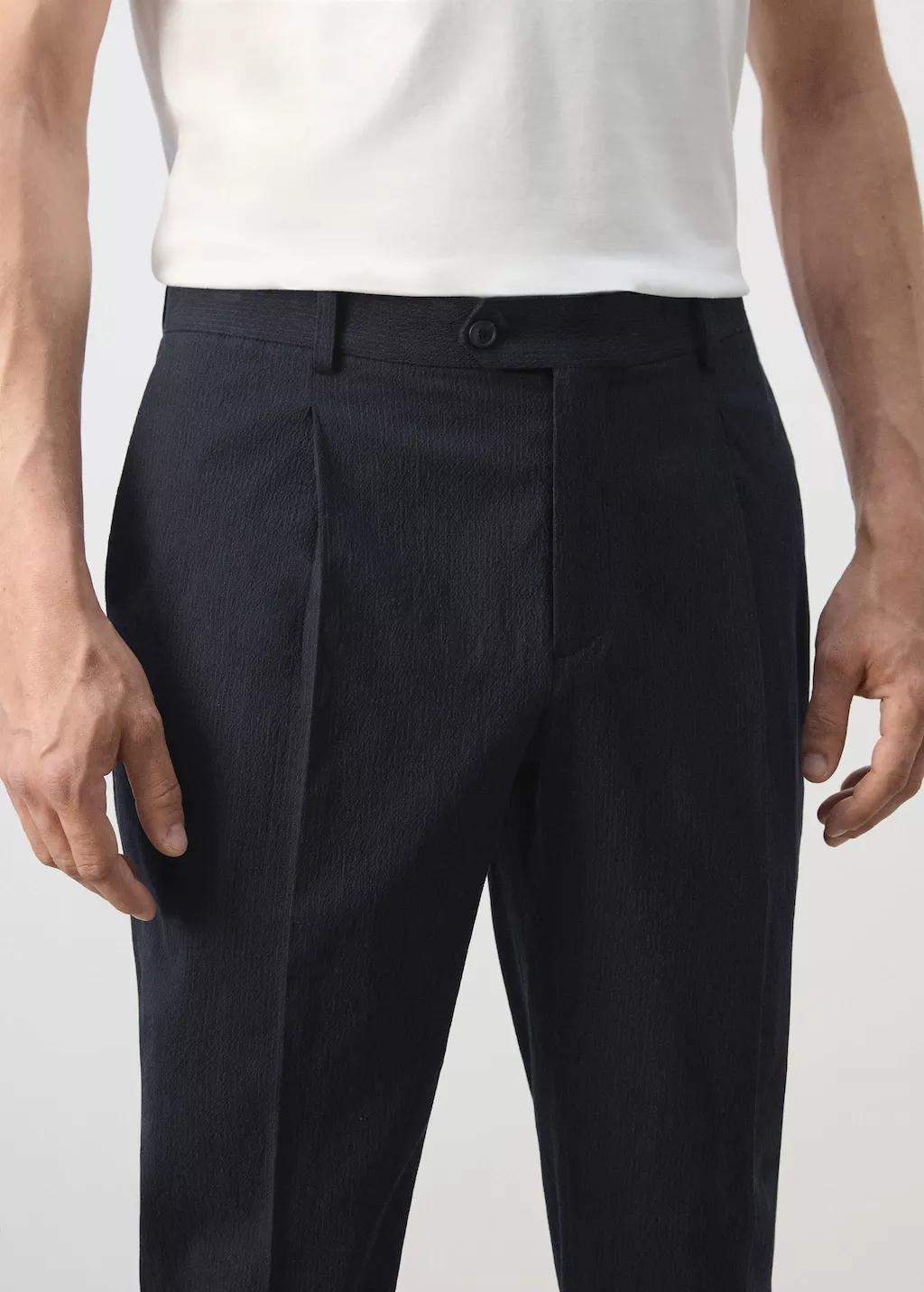Blue Slim Fit Cotton Lyocell Seersucker Trousers, Navy, large image number 4