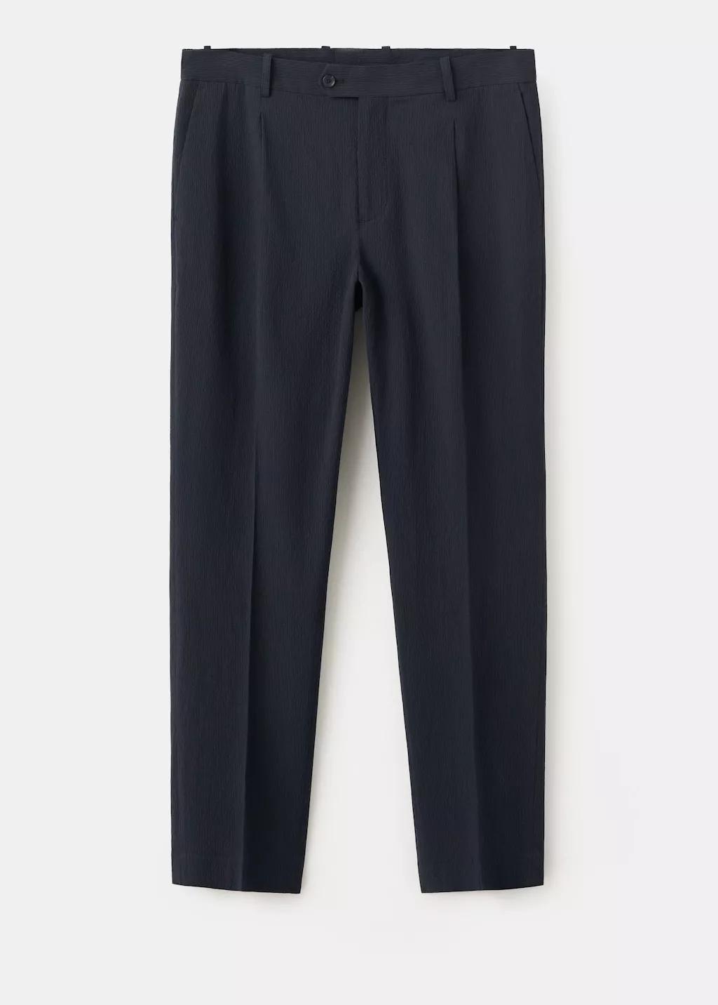Blue Slim Fit Cotton Lyocell Seersucker Trousers, Navy, large image number 7