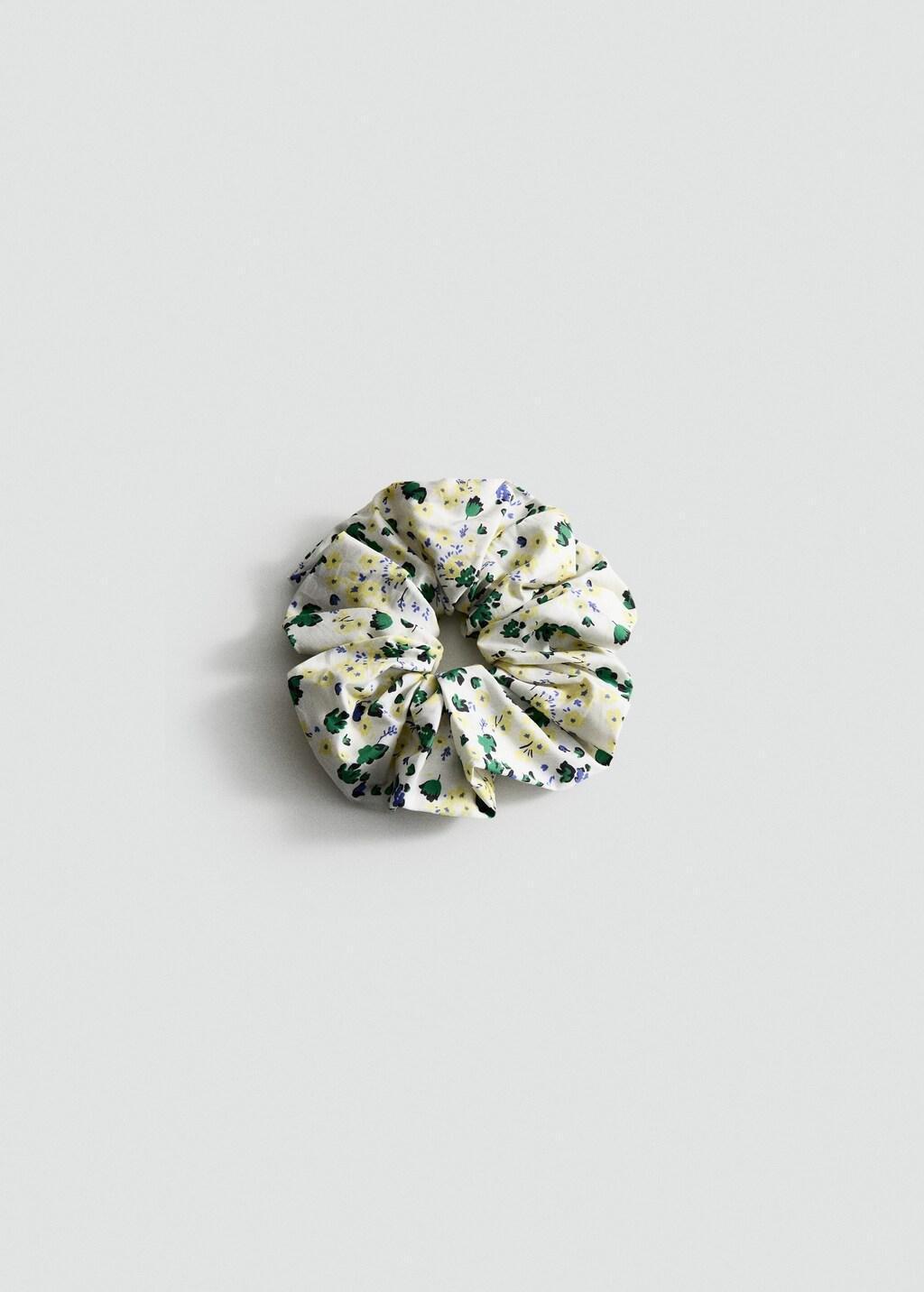 Beige Floral Print Scrunchie, Light Beige, medium