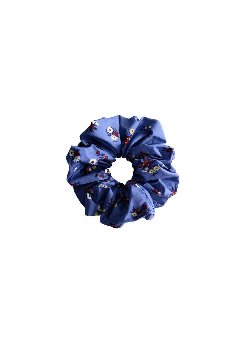 Blue Floral Print Scrunchie, Medium Blue, medium