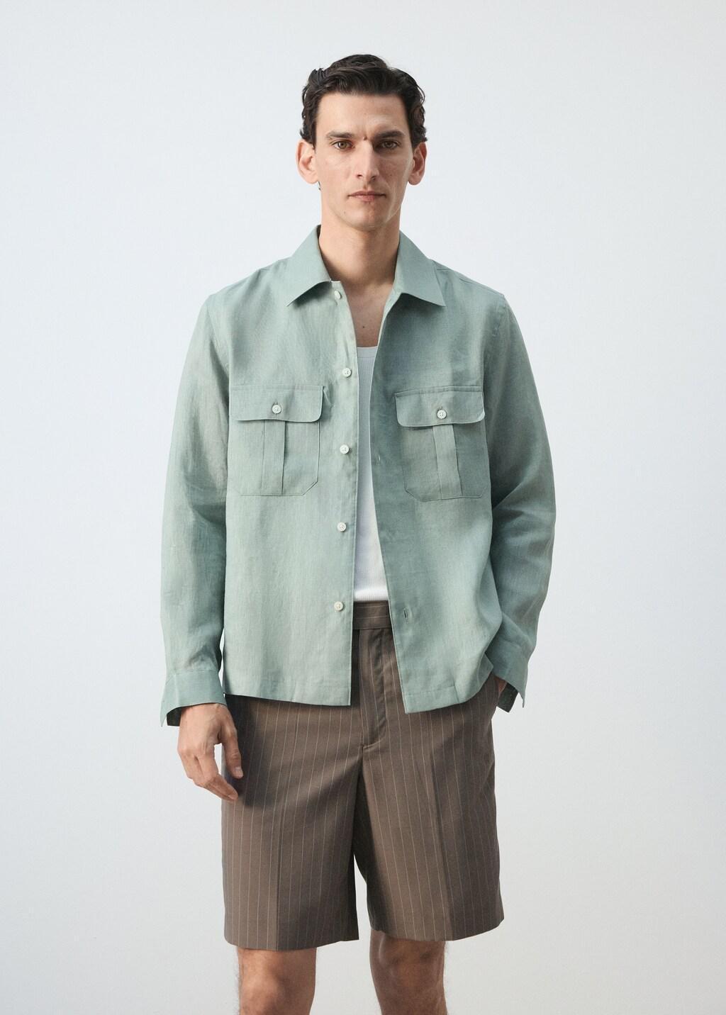 Green Regular-Fit 100% Linen Overshirt, Bright Green, large image number 3
