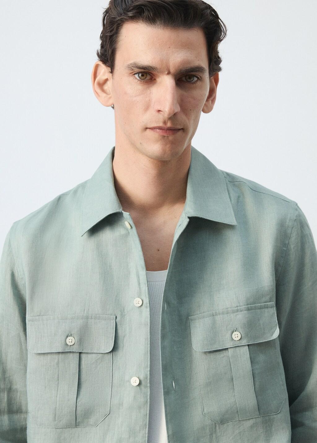 Green Regular-Fit 100% Linen Overshirt, Bright Green, large image number 4