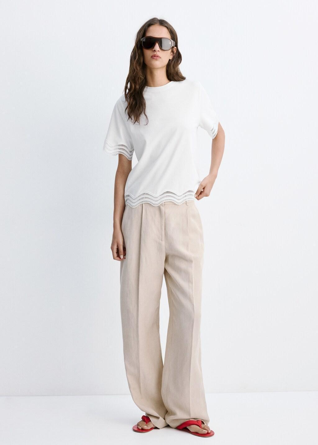 White Cotton T-Shirt With Broderie Anglaise Details, White, large image number 0