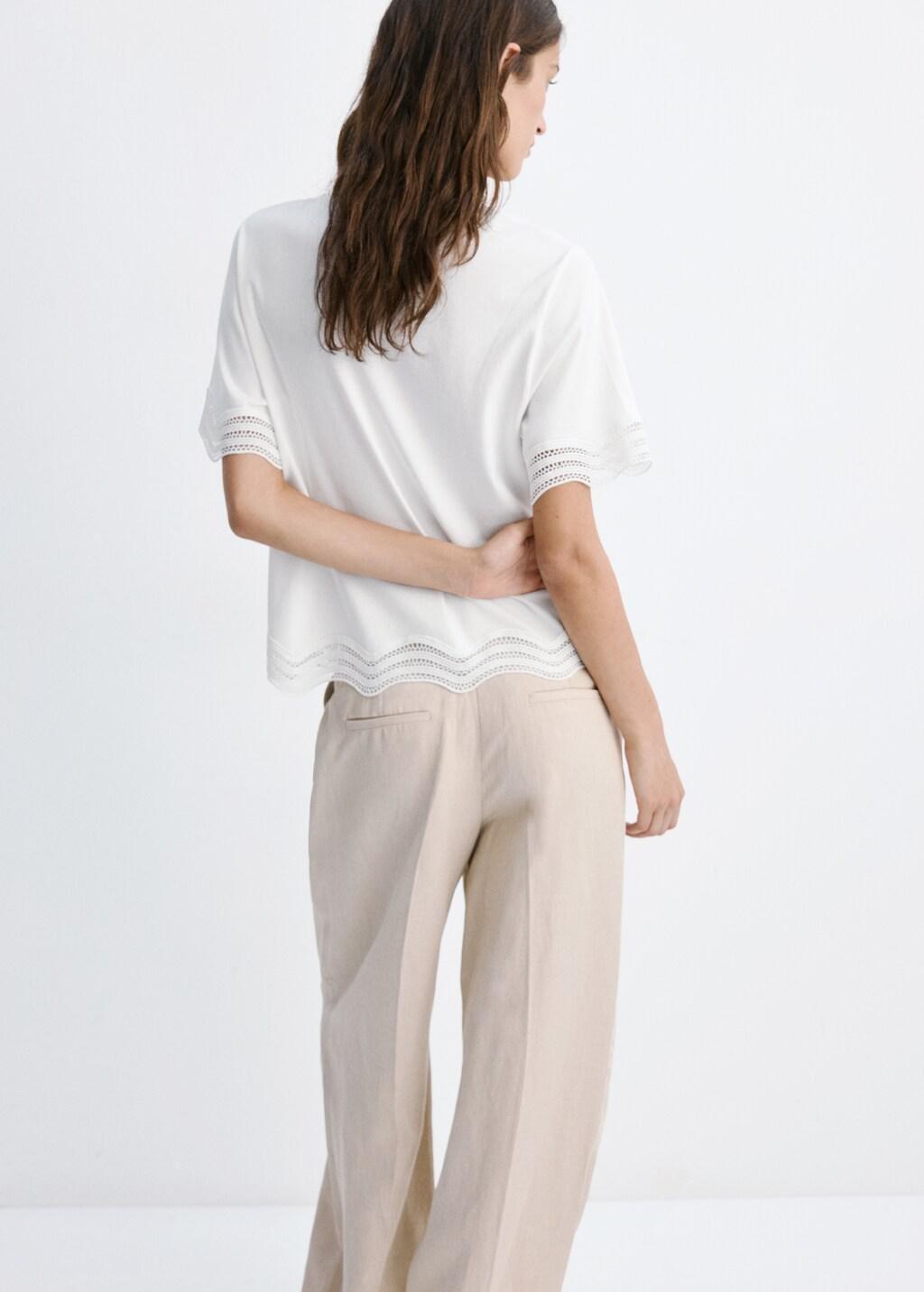 White Cotton T-Shirt With Broderie Anglaise Details, White, medium