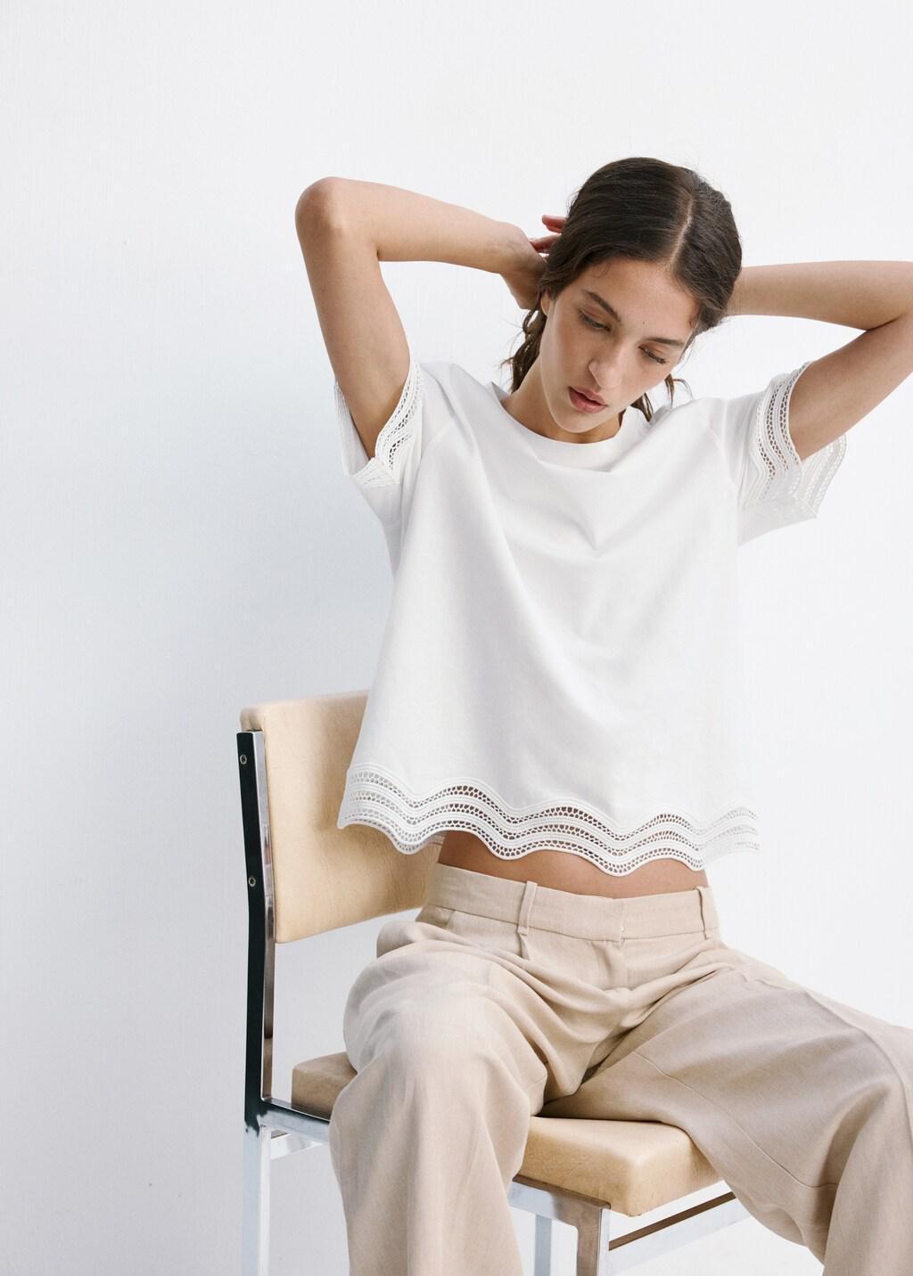 White Cotton T-Shirt With Broderie Anglaise Details, White, large image number 3