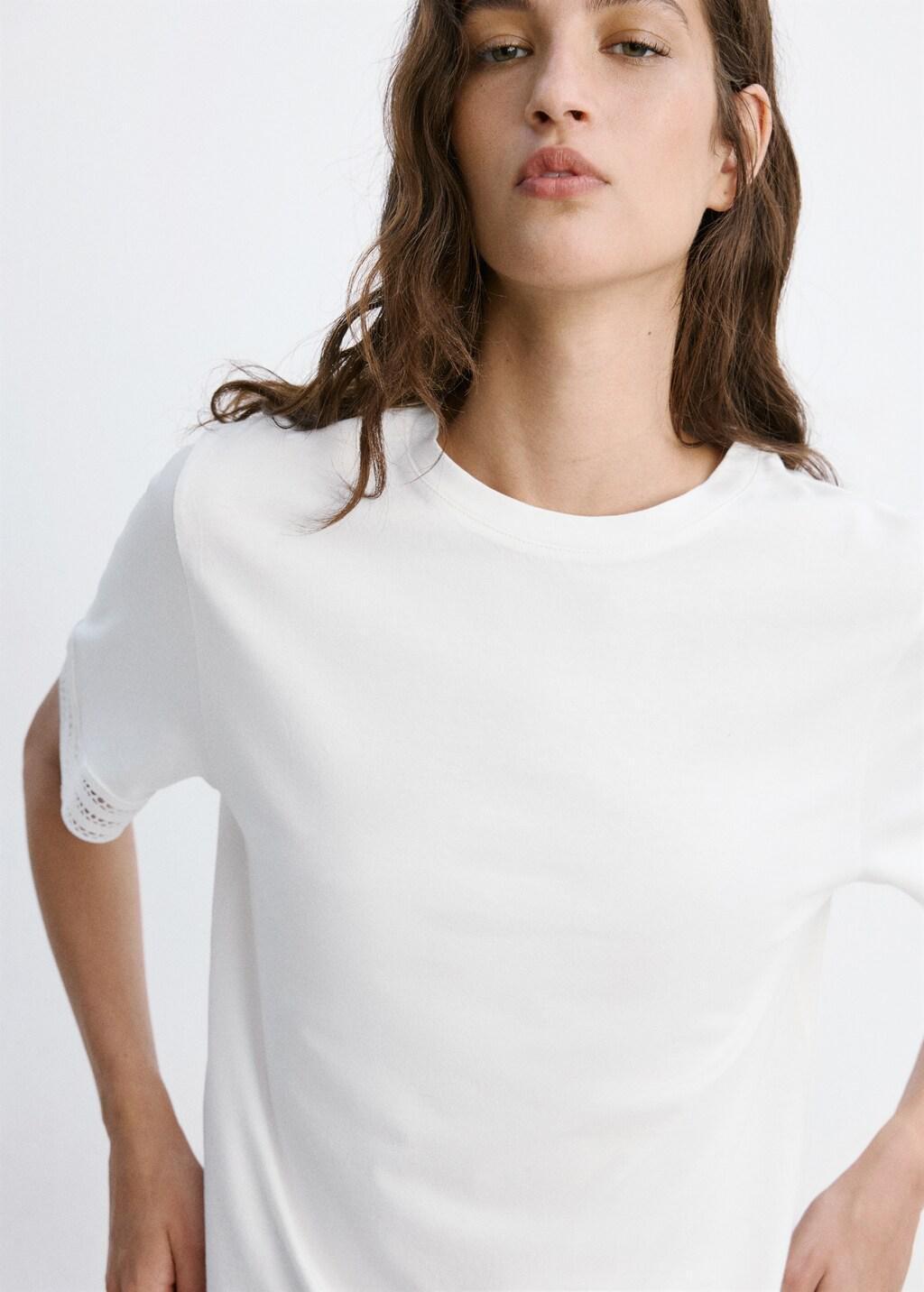 White Cotton T-Shirt With Broderie Anglaise Details, White, large image number 4