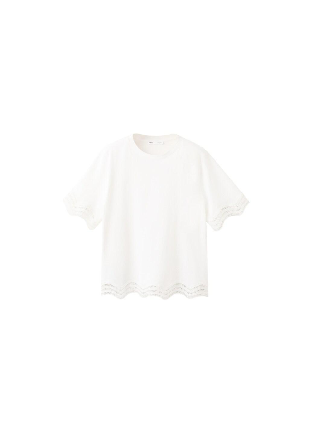 White Cotton T-Shirt With Broderie Anglaise Details, White, large image number 6