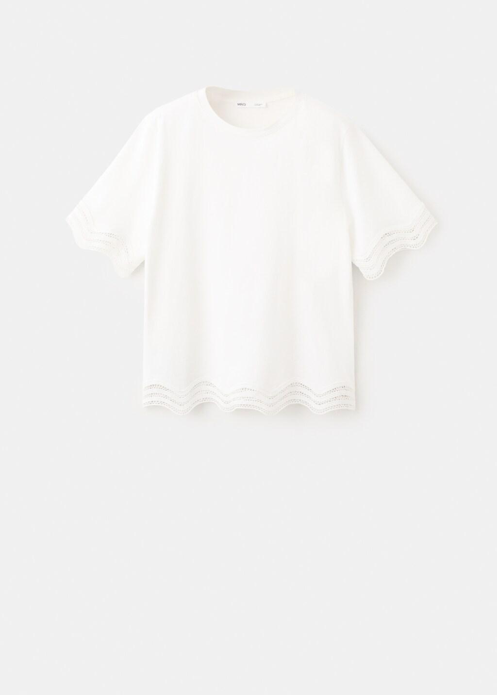 White Cotton T-Shirt With Broderie Anglaise Details, White, large image number 7