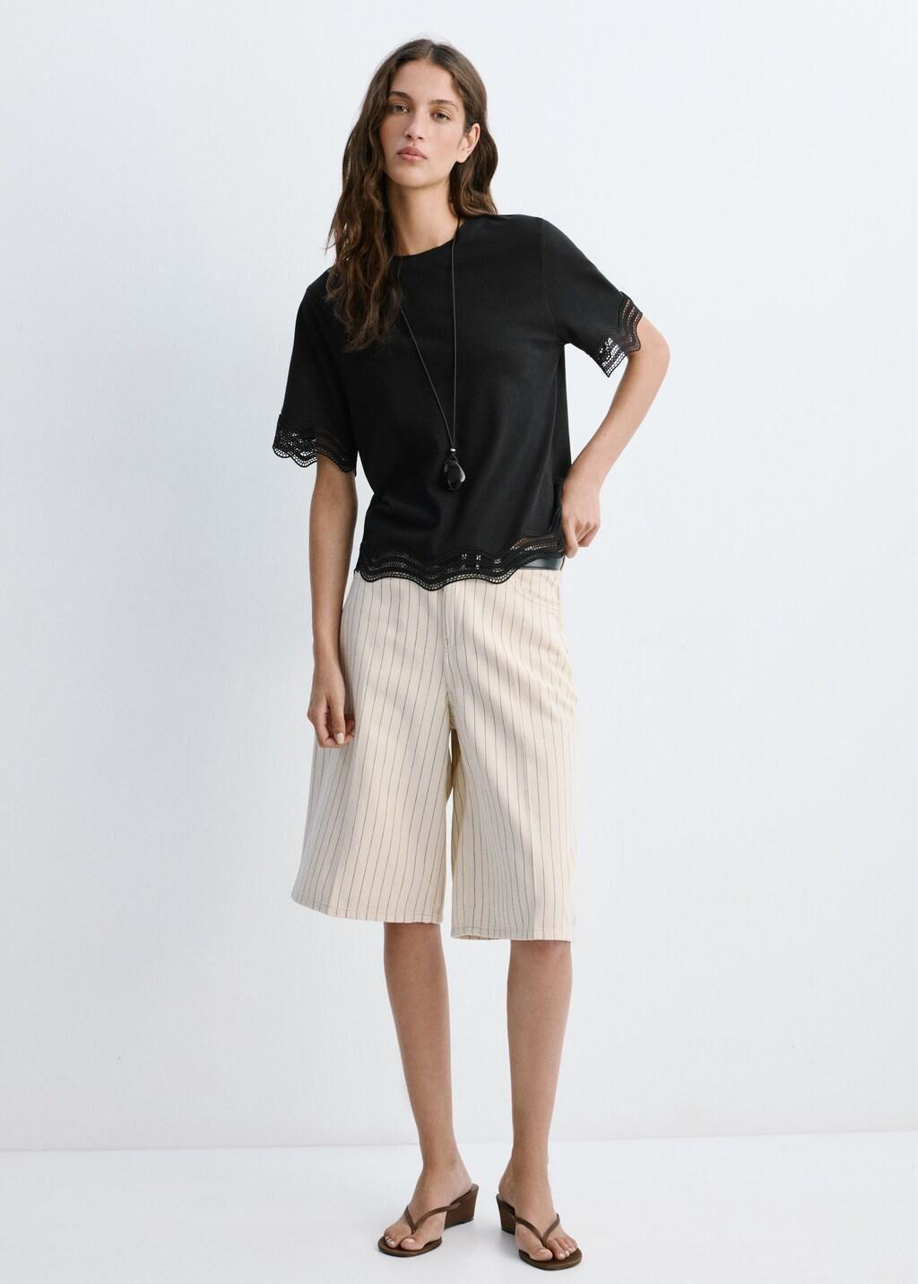 Black Cotton T-Shirt With Broderie Anglaise Details, Black, large image number 0