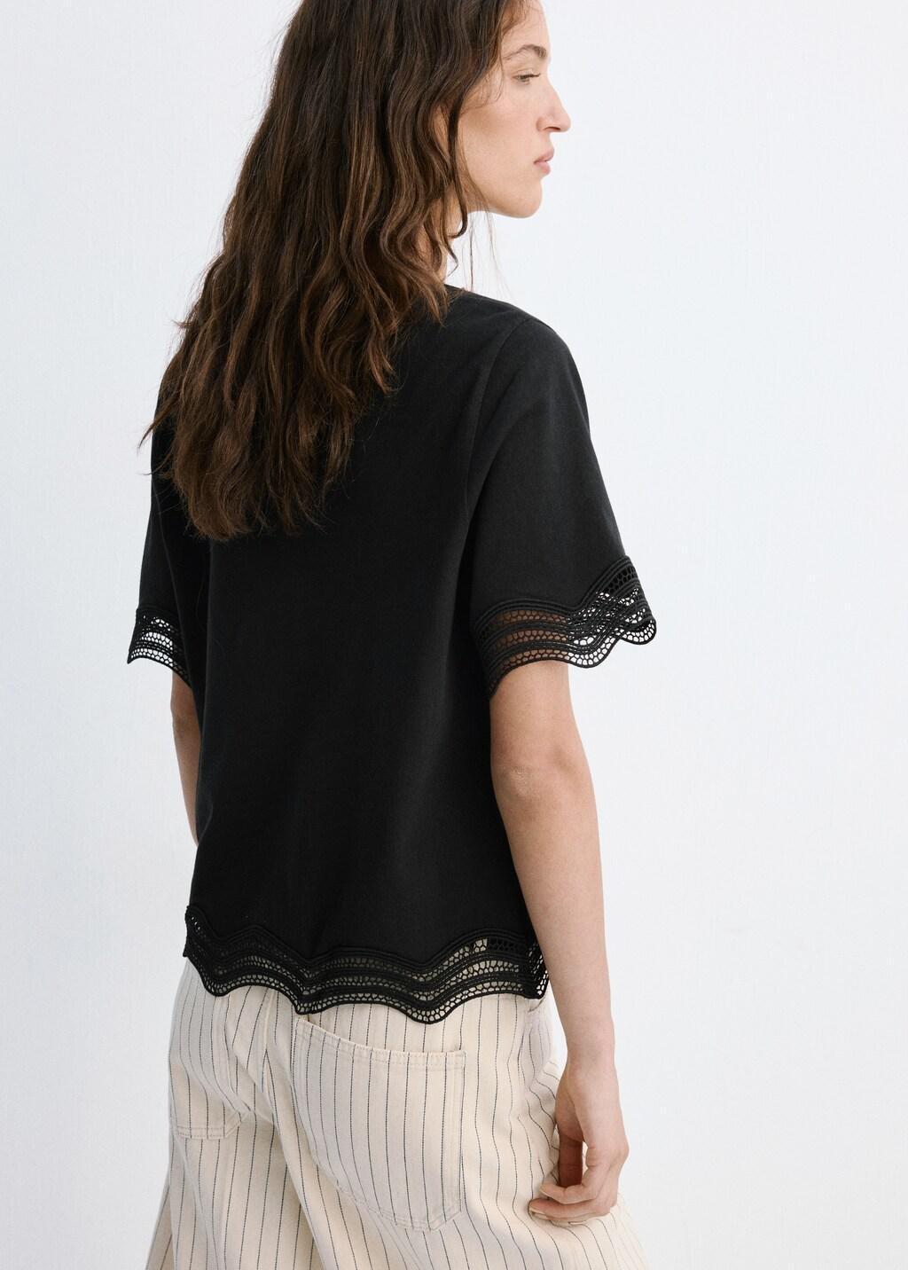 Black Cotton T-Shirt With Broderie Anglaise Details, Black, large image number 2