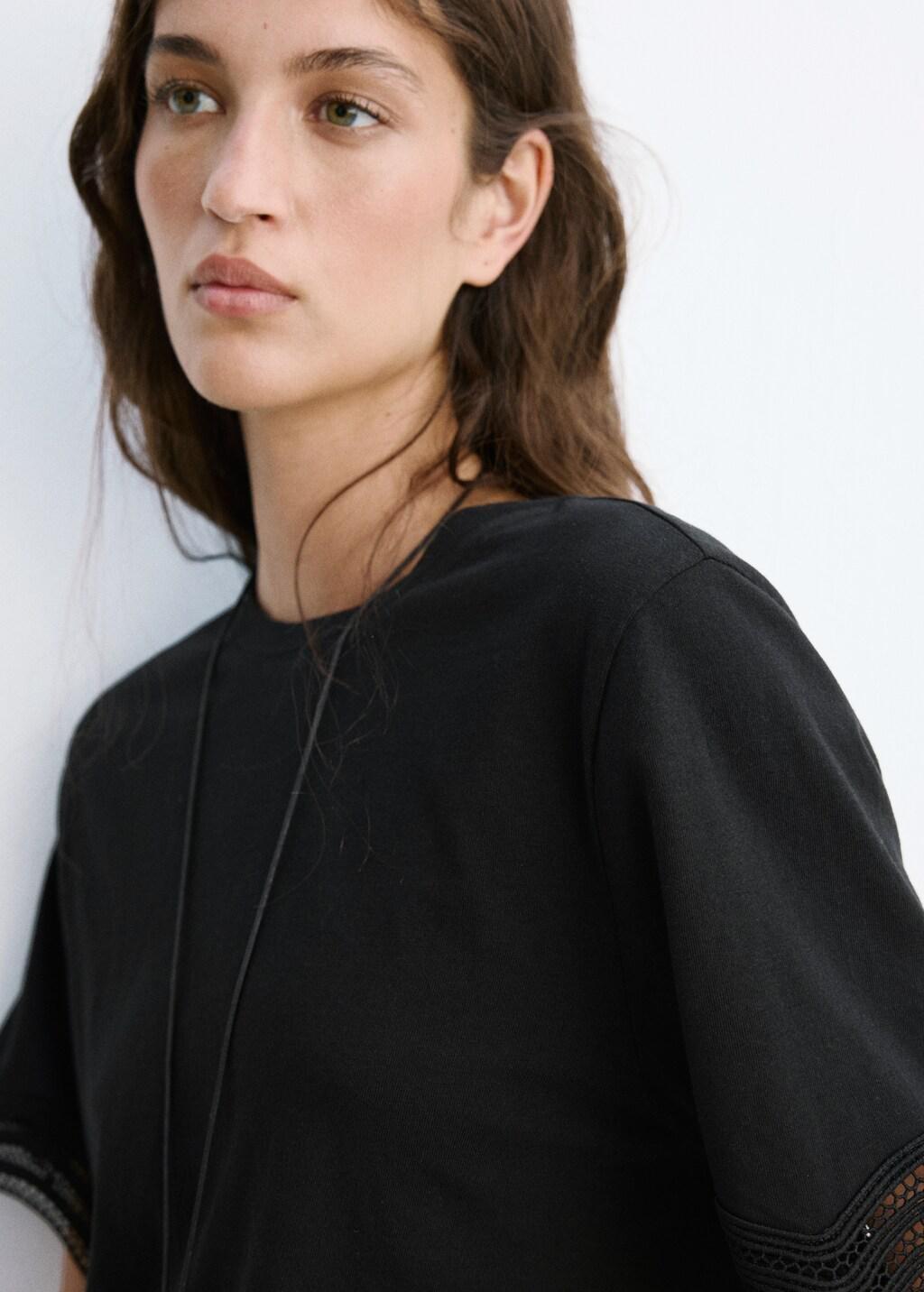 Black Cotton T-Shirt With Broderie Anglaise Details, Black, large image number 4
