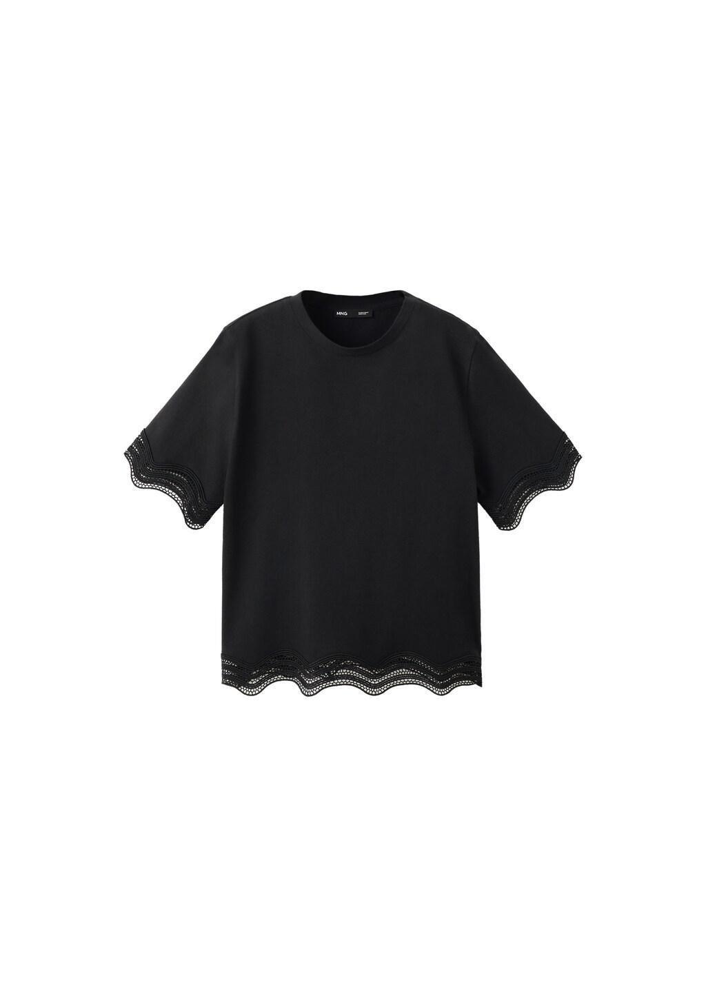 Black Cotton T-Shirt With Broderie Anglaise Details, Black, large image number 6