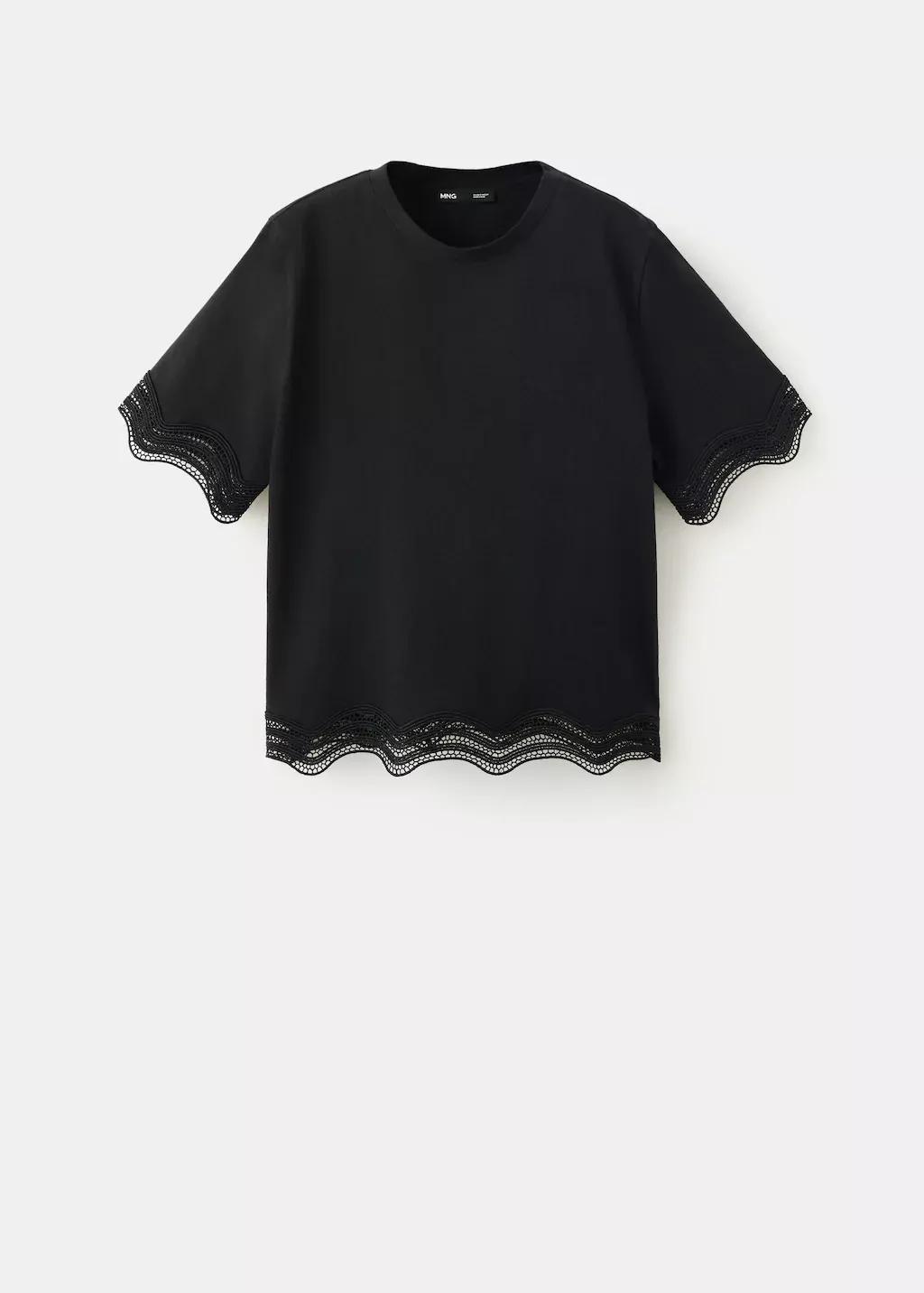 Black Cotton T-Shirt With Broderie Anglaise Details, Black, large image number 7