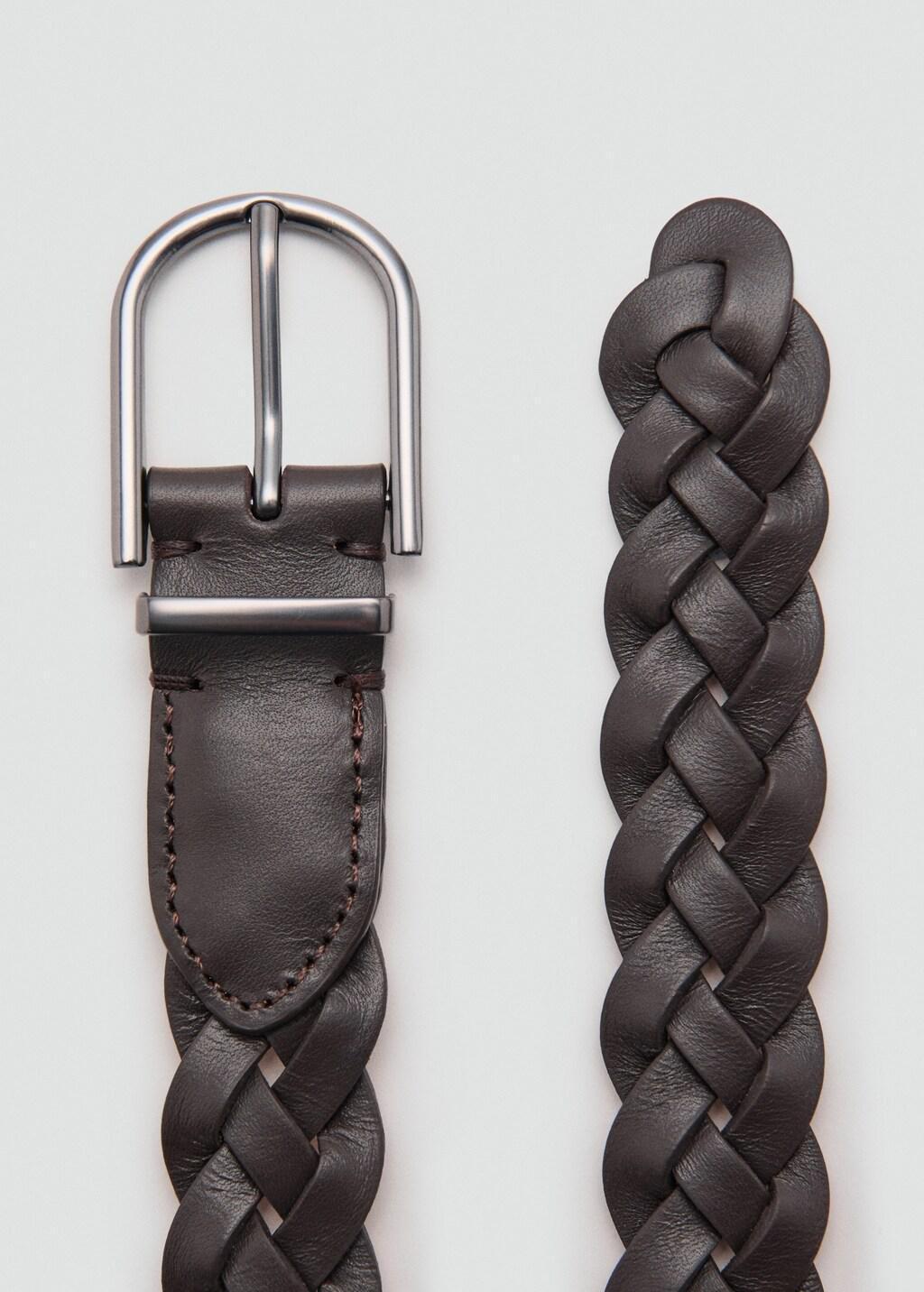 Brown 100% Braided Leather Belt, Brown, medium