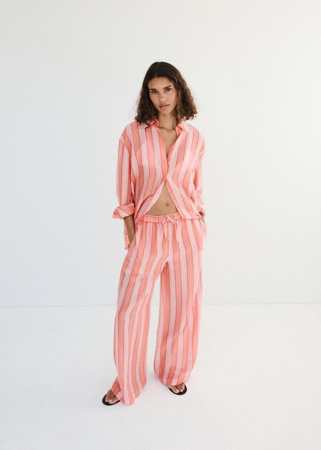 Orange Linen Lyocell Blend Stripe Shirt, Orange, large image number 0