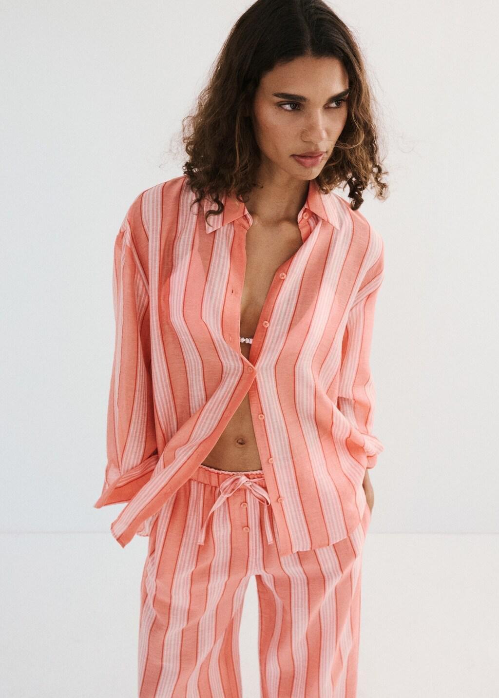 Orange Linen Lyocell Blend Stripe Shirt, Orange, large image number 3
