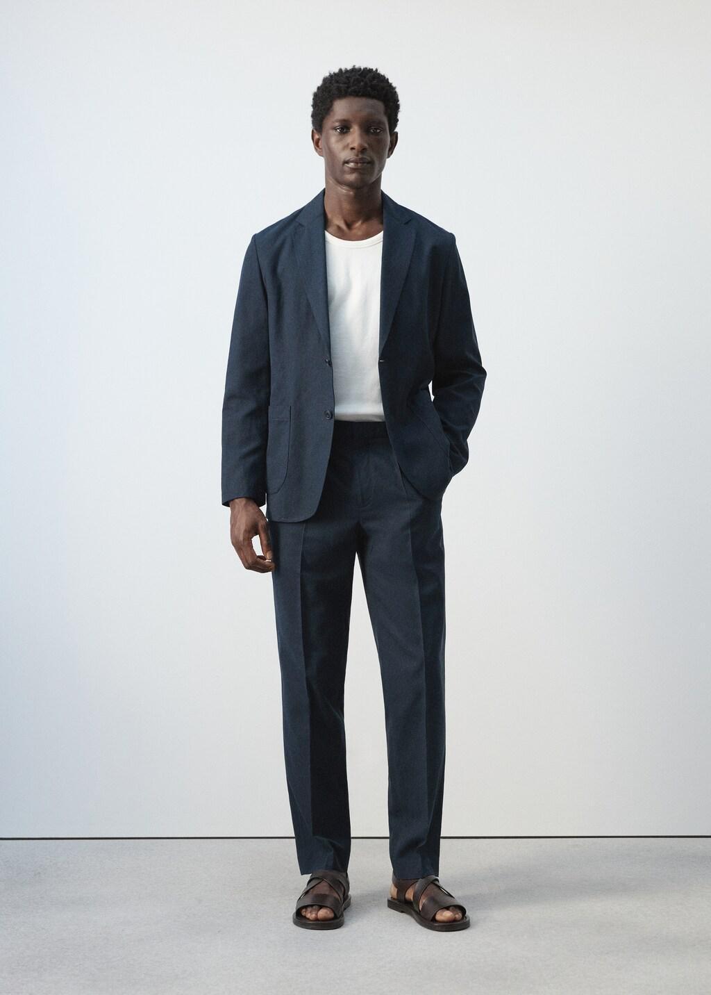 Navy Slim-Fit Suit Jacket Made From A Linen-Lyocell Blend, Navy, large image number 0