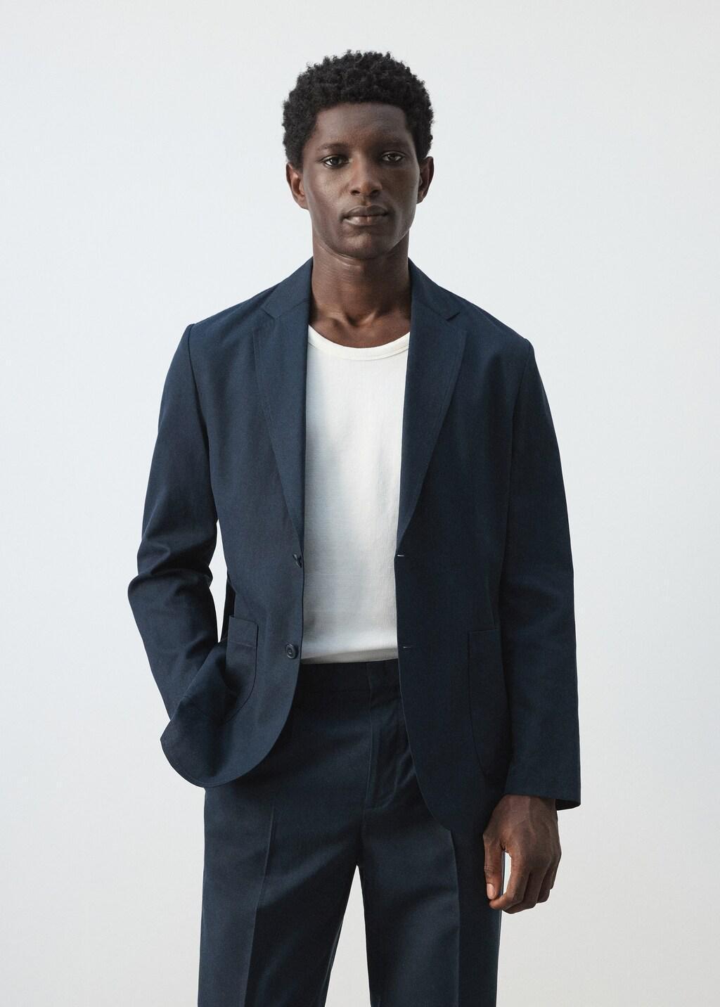 Navy Slim-Fit Suit Jacket Made From A Linen-Lyocell Blend, Navy, large image number 3