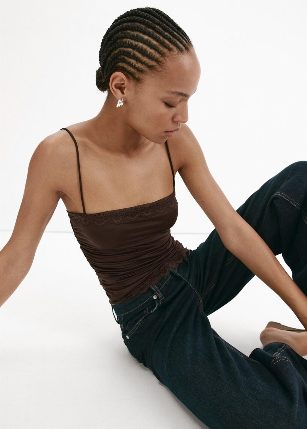 Brown Fitted Top With Lace Detail, Brown, large image number 3