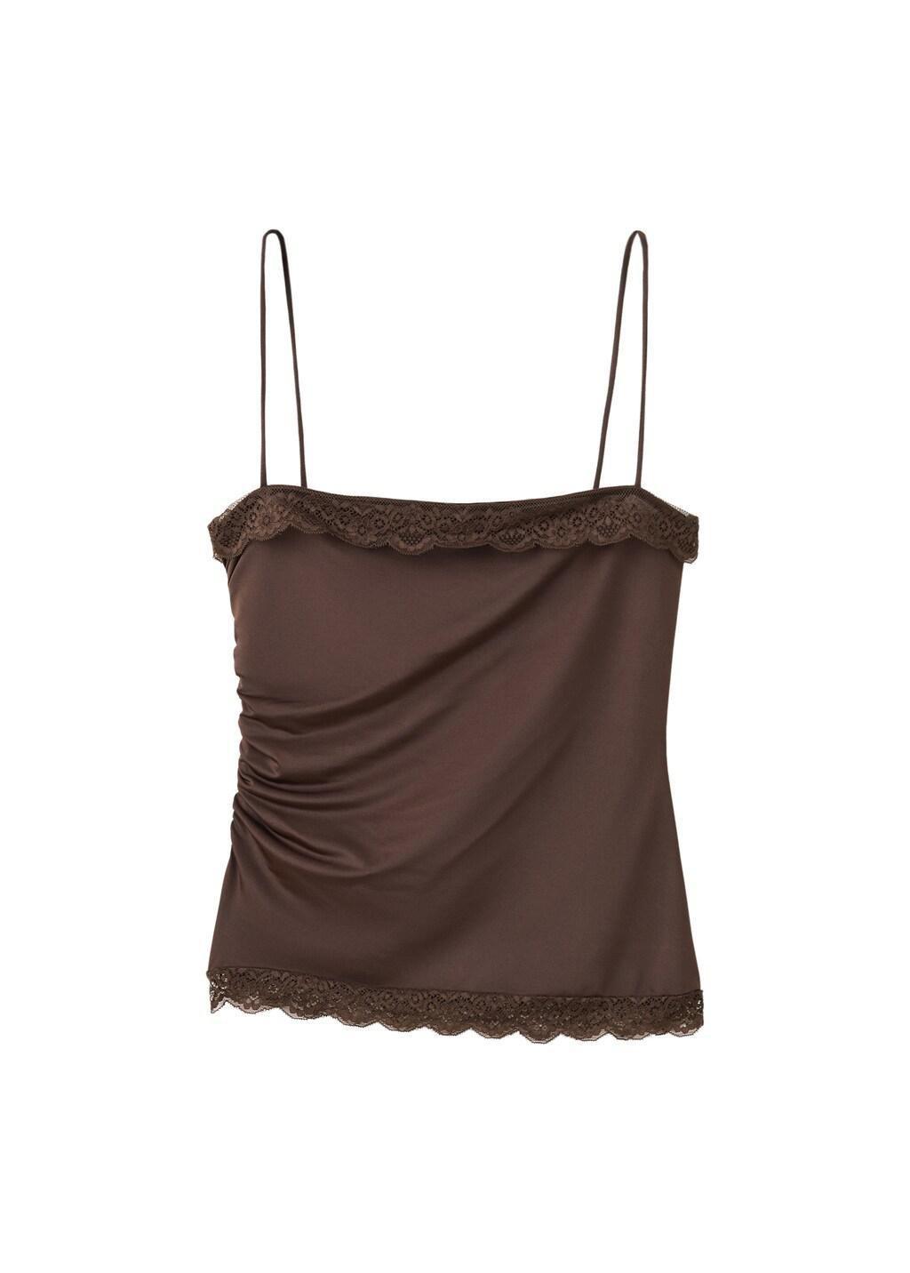 Brown Fitted Top With Lace Detail, Brown, large image number 6