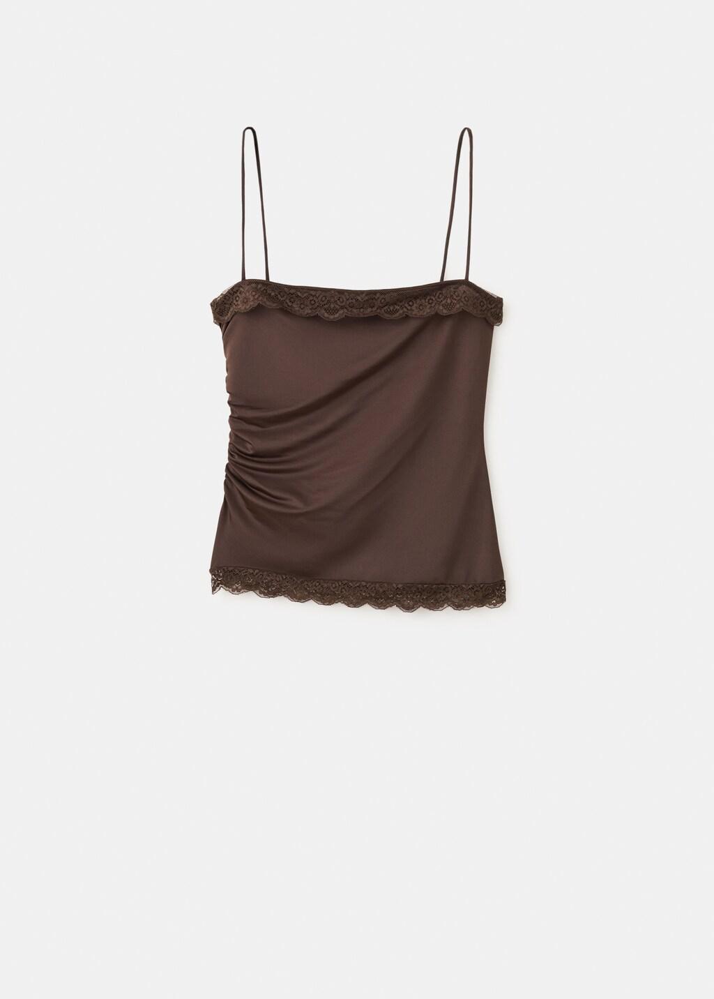 Brown Fitted Top With Lace Detail, Brown, large image number 7