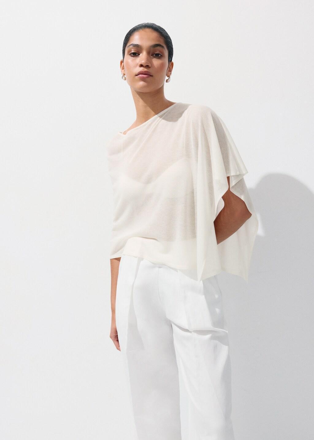 NATURAL WHITE Asymmetrical knitted cape, Natural White, large image number 3