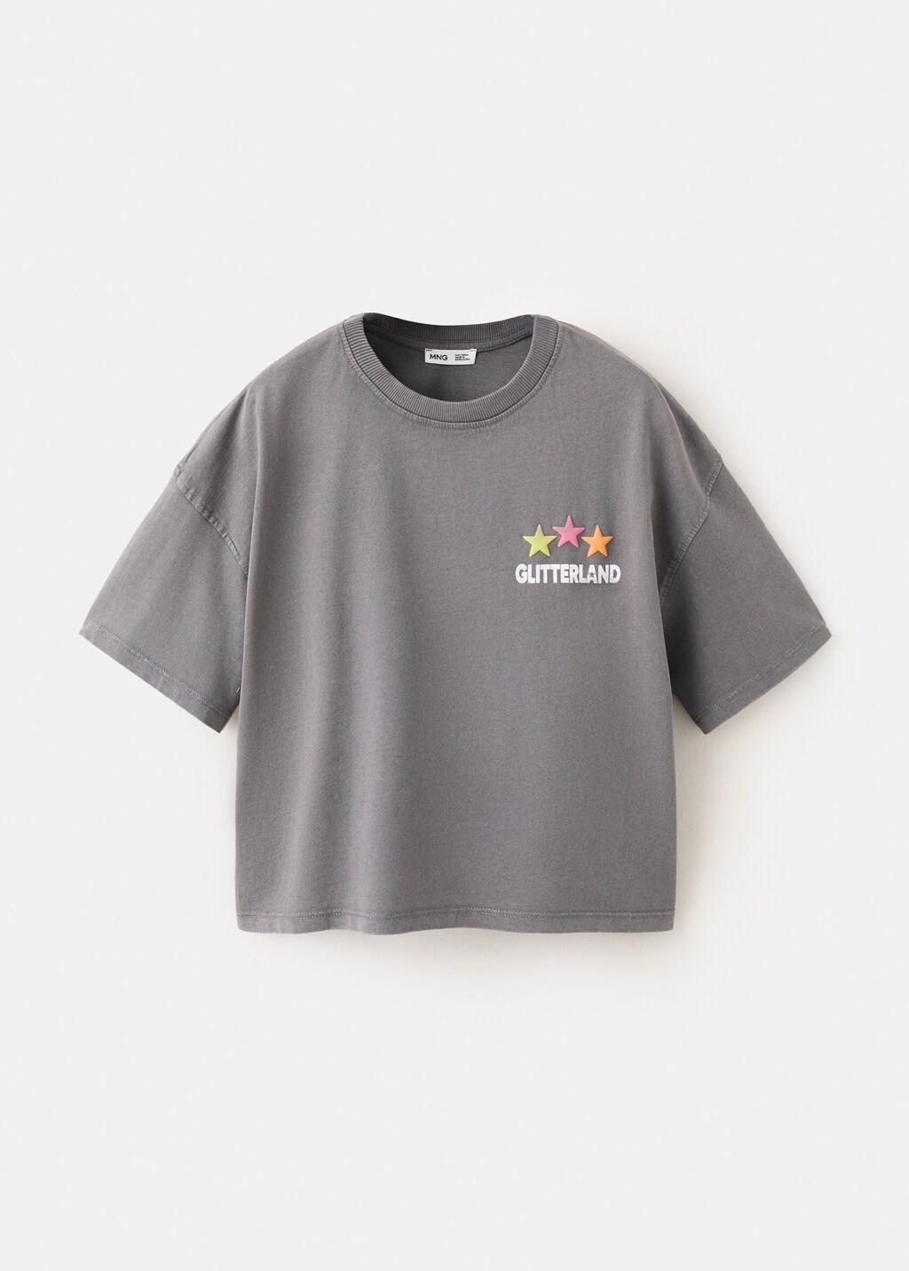 Grey Printed Cotton-Blend T-Shirt, Kids Girls, Charcoal, medium