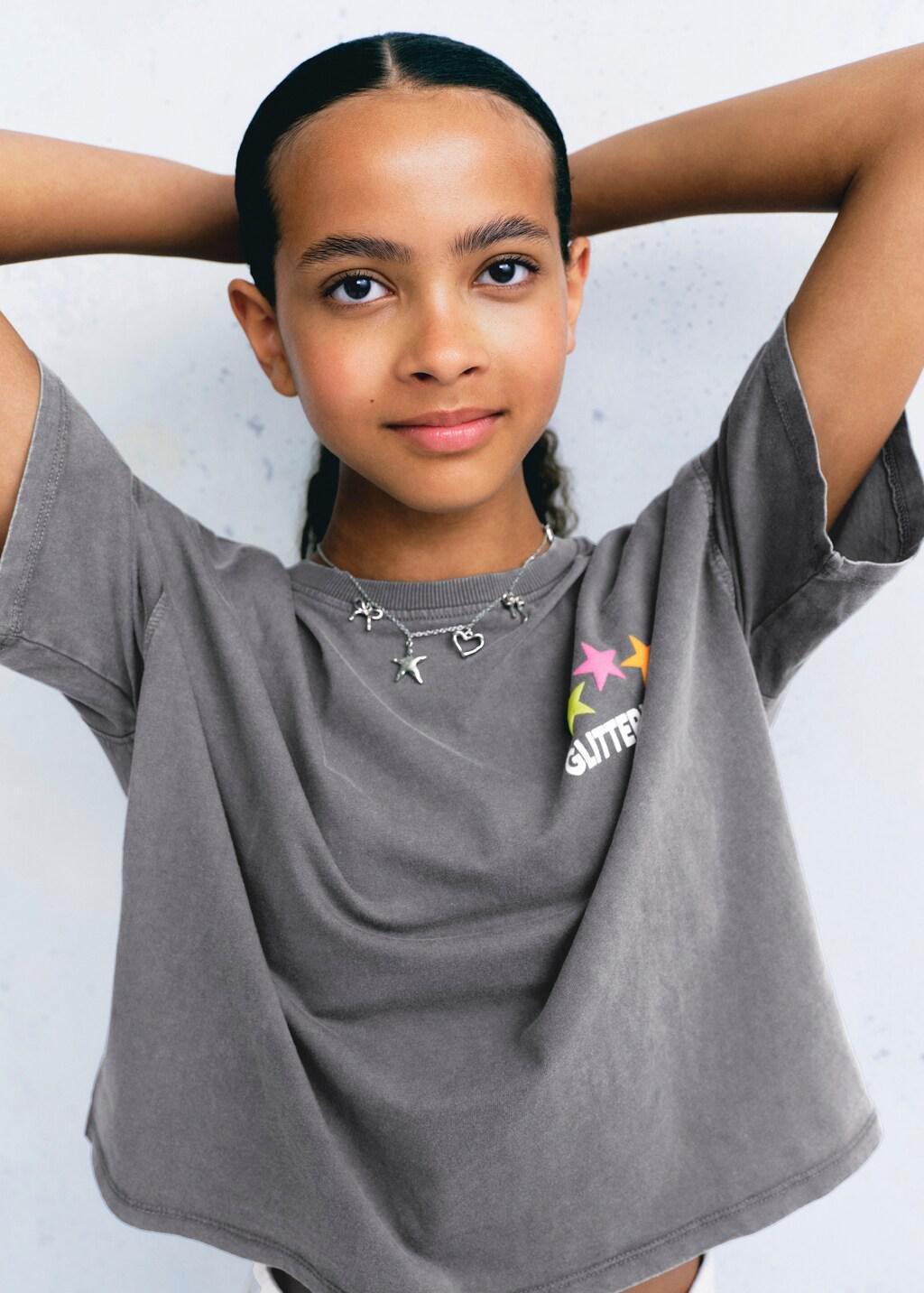 Grey Printed Cotton-Blend T-Shirt, Kids Girls, Charcoal, large image number 5