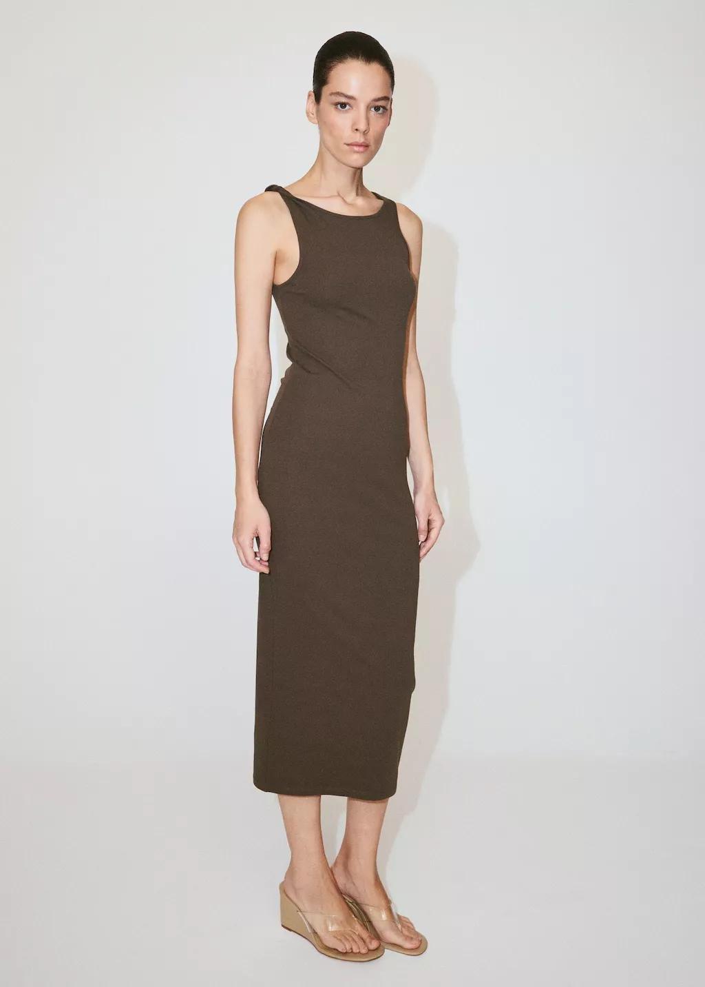 Brown Cotton Dress With Draped Strap Detail, Brown, large image number 0