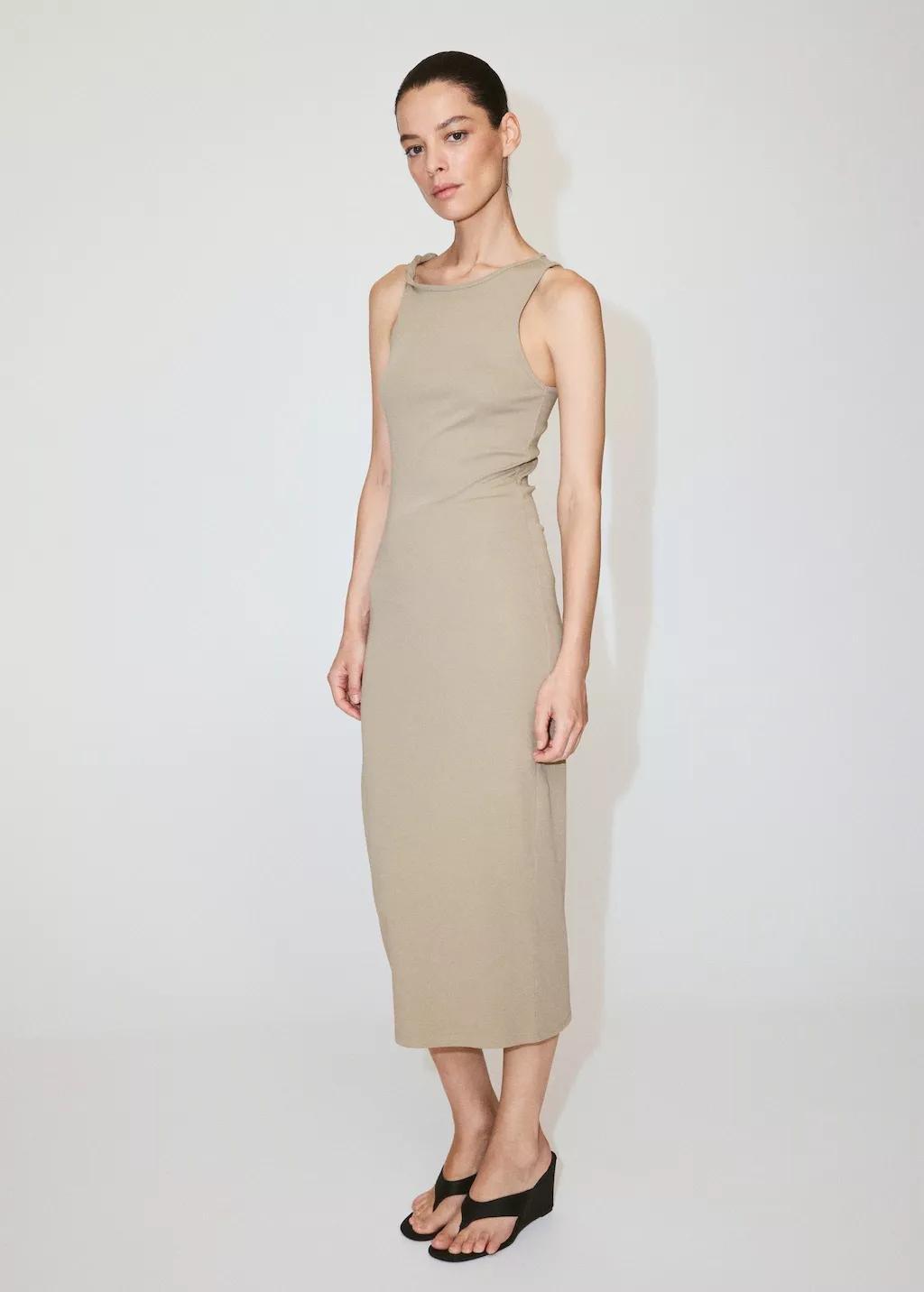 Khaki Cotton Dress With Draped Strap Detail, Beige - Khaki, large image number 0