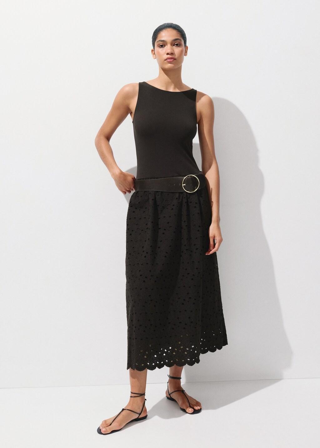 Brown Openwork Embroidered Combined Dress, Brown, medium