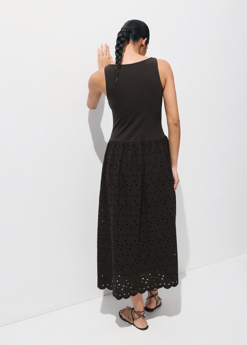 Brown Openwork Embroidered Combined Dress, Brown, medium