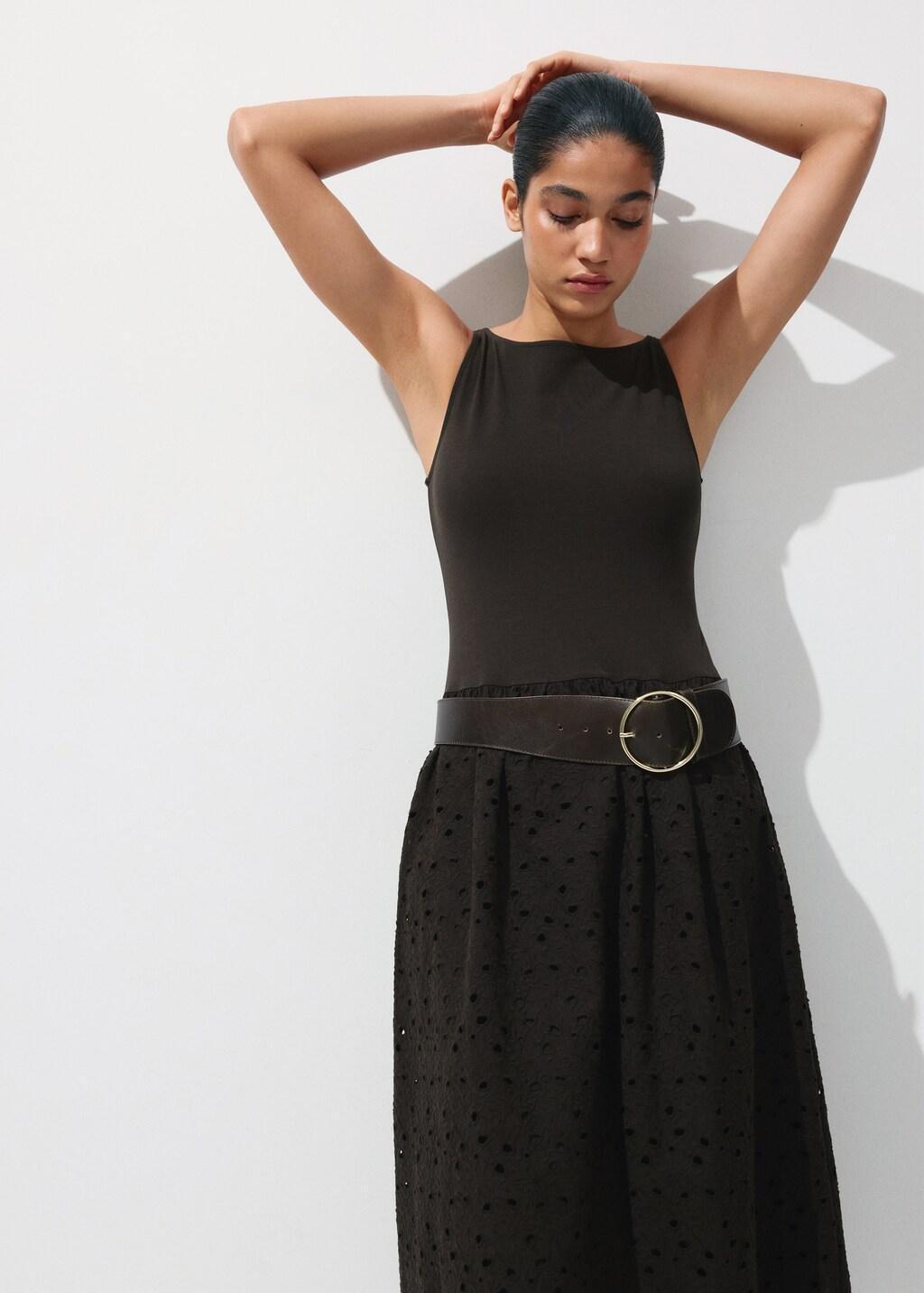 Brown Openwork Embroidered Combined Dress, Brown, large image number 3