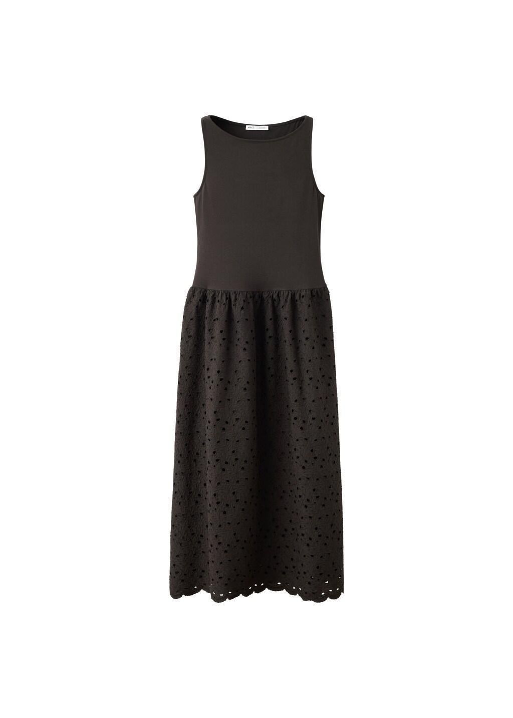 Brown Openwork Embroidered Combined Dress, Brown, large image number 6