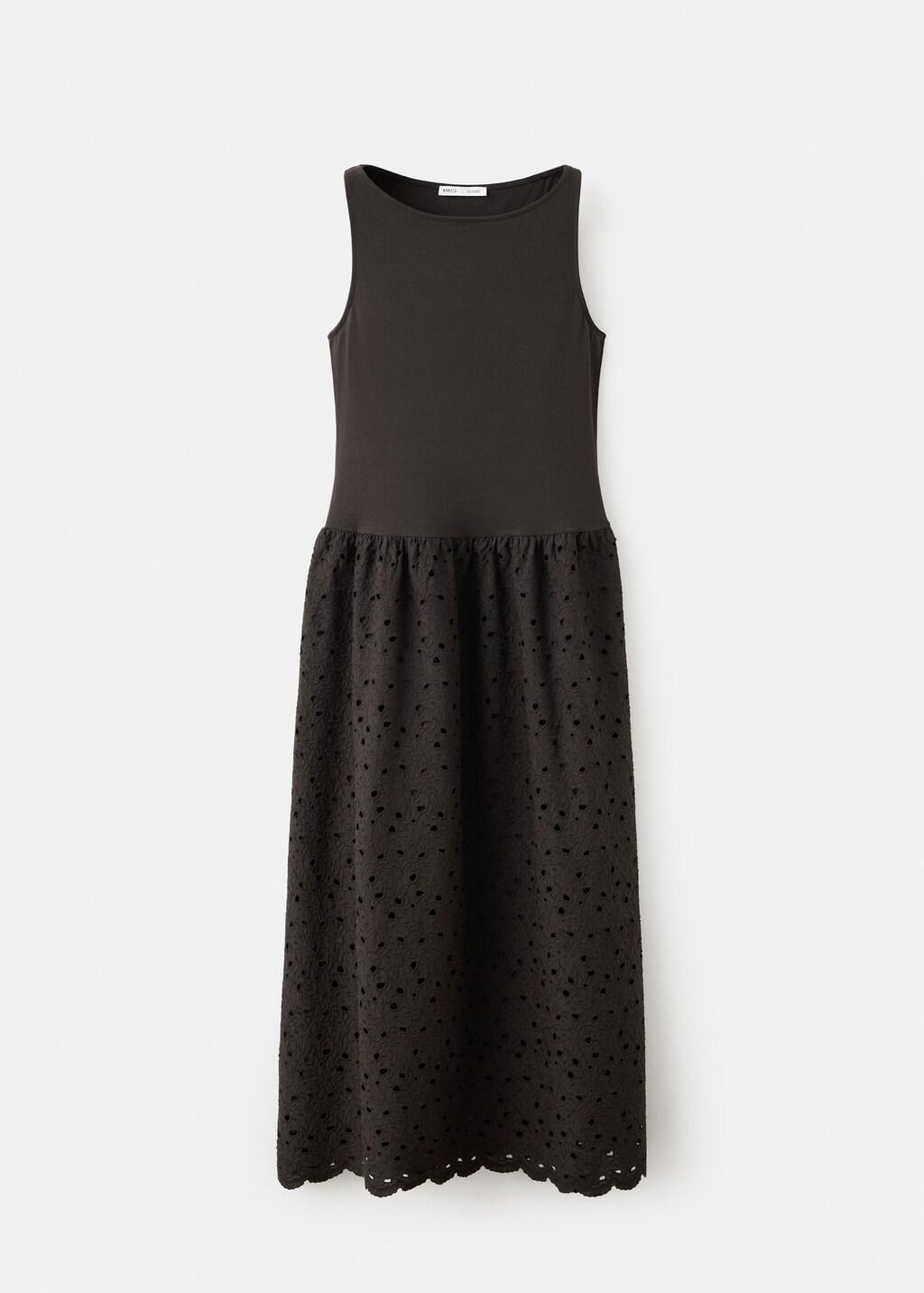 Brown Openwork Embroidered Combined Dress, Brown, large image number 7