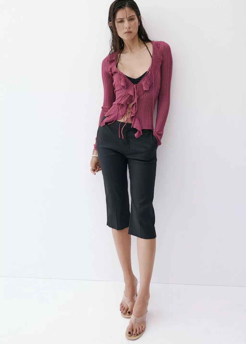 Red Textured Knit Cardigan With Frill Detail, Dark Red, medium