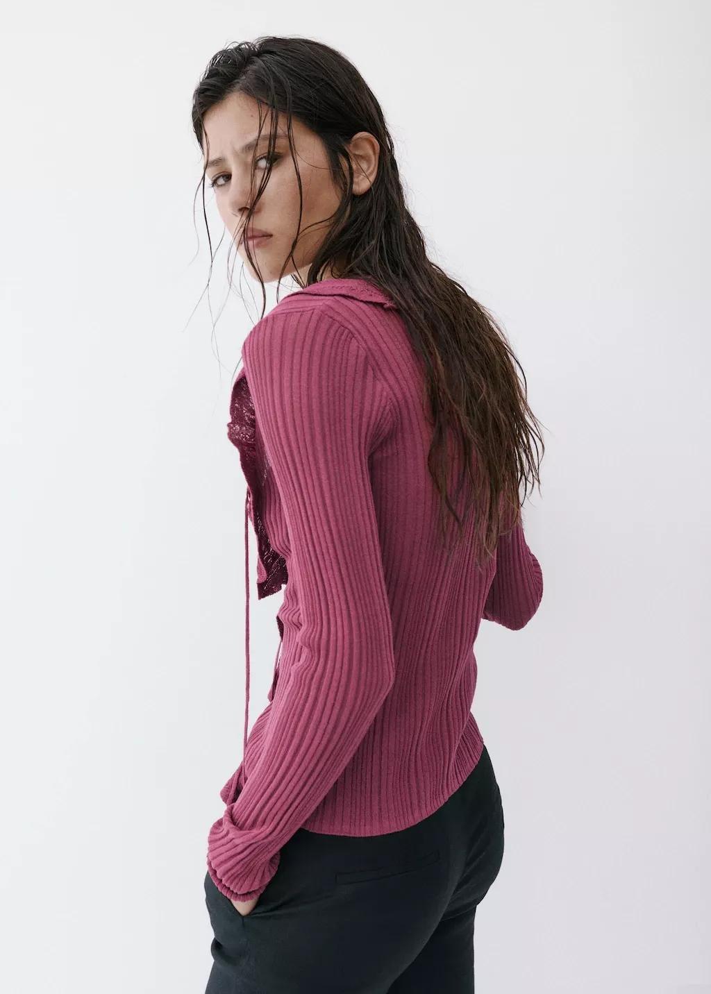 Red Textured Knit Cardigan With Frill Detail, Dark Red, large image number 2